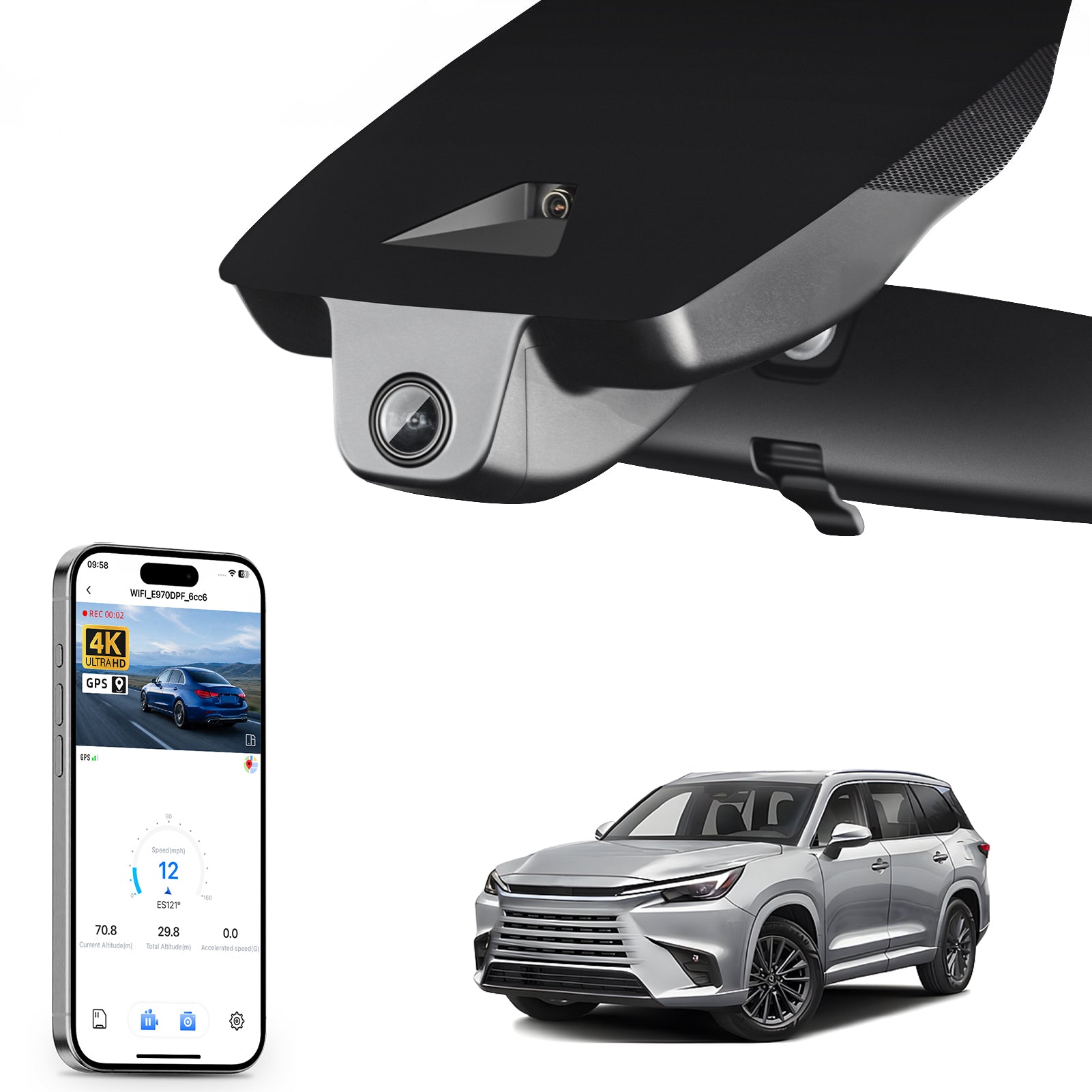 Mangoal rearview mirror built-in dash cam with smartphone app control, 4K Ultra HD recording, GPS tracking, and Lexus TX models in the background.