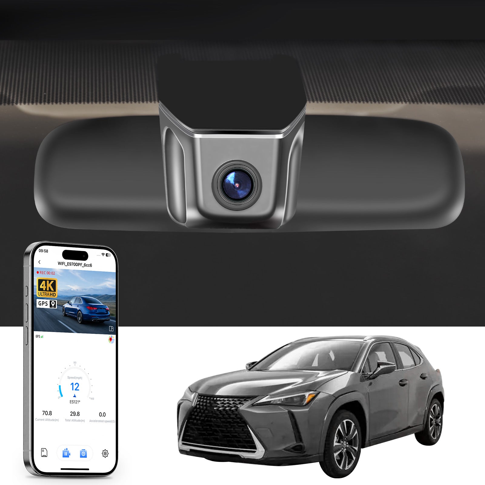 Mangoal rearview mirror built-in dash cam with smartphone app control, 4K Ultra HD recording, GPS tracking, and Lexus UX models in the background.
