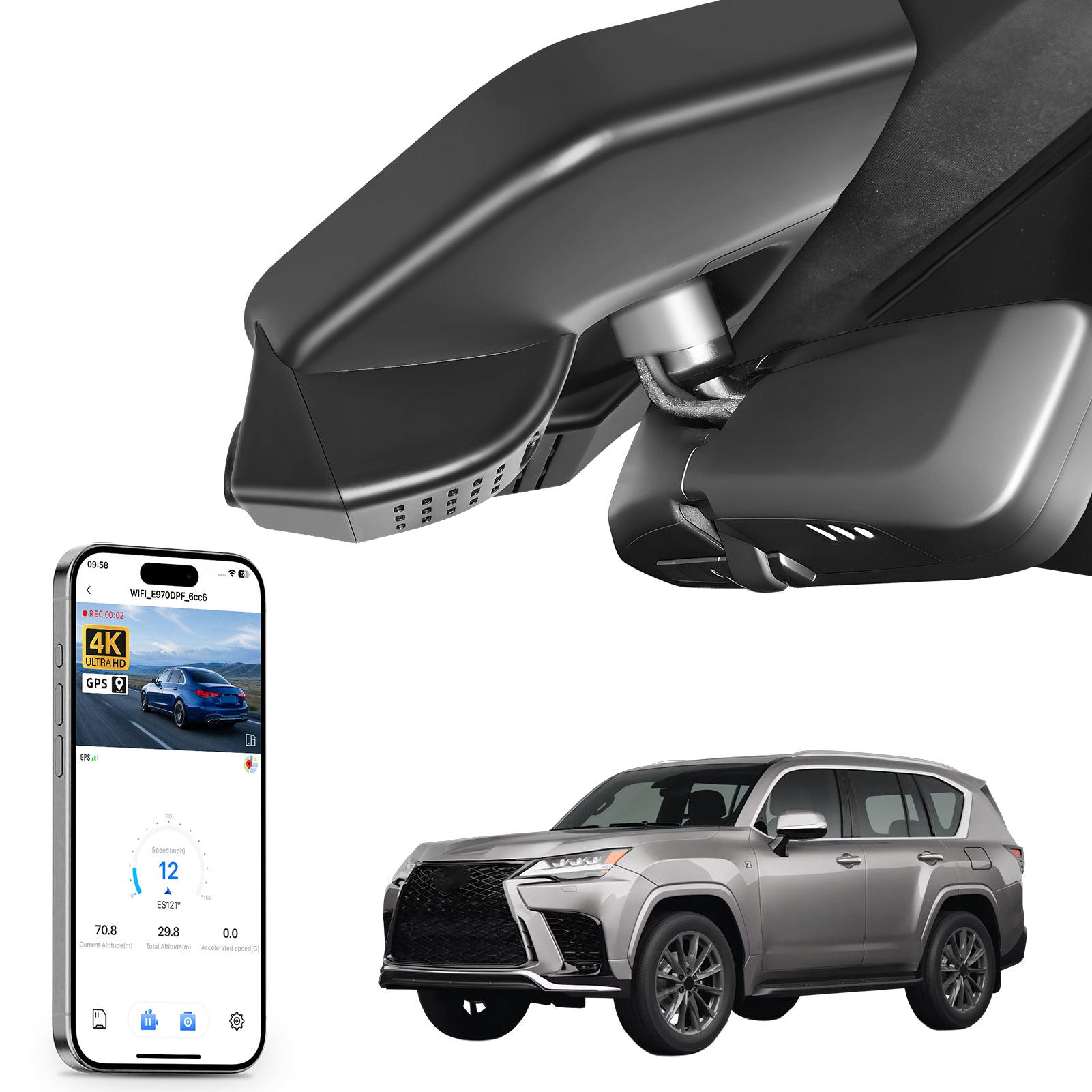 Mangoal rearview mirror built-in dash cam with smartphone app control, 4K Ultra HD recording, GPS tracking, and Lexus LX models in the background.