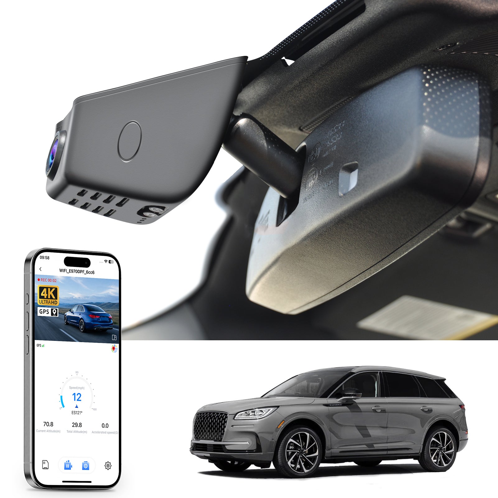 Mangoal rearview mirror built-in dash cam with smartphone app control, 4K Ultra HD recording, GPS tracking, and Lincoln Corsair models in the background.