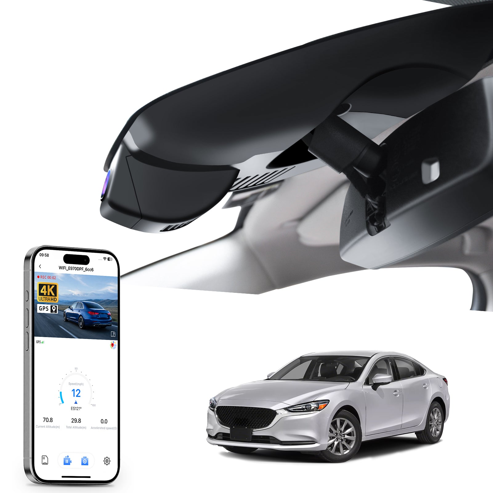 Mangoal rearview mirror built-in dash cam with smartphone app control, 4K Ultra HD recording, GPS tracking, and Mazda 6 models in the background.