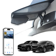Mangoal rearview mirror built-in dash cam with smartphone app control, 4K Ultra HD recording, GPS tracking, and Mazda CX-5 models in the background.