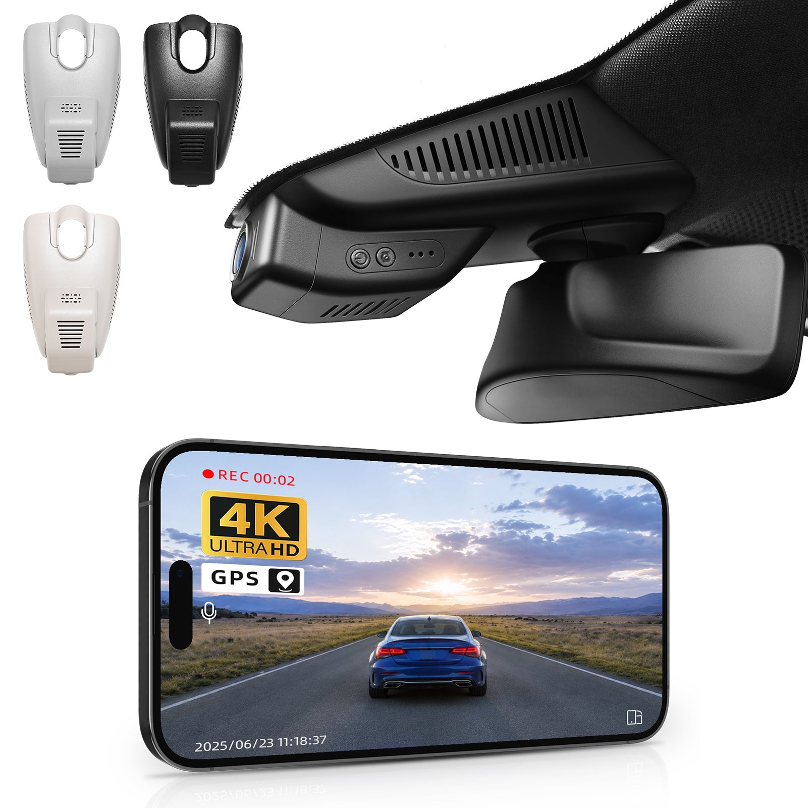 Mangoal rearview mirror built-in dash cam with smartphone app control, 4K Ultra HD recording, GPS tracking, and Mercedes-Benz E-Class models in the background.
