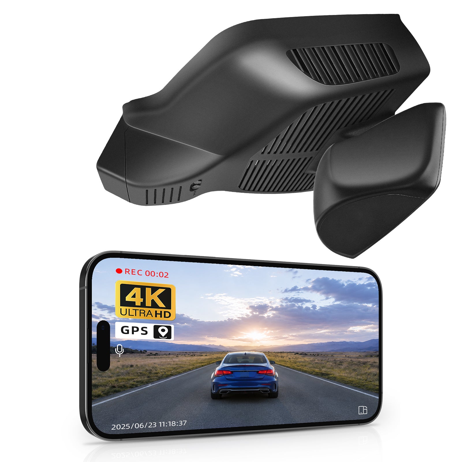 Mangoal rearview mirror built-in dash cam with smartphone app control, 4K Ultra HD recording, GPS tracking, and Mercedes-Benz E-Class Gen6 models in the background.