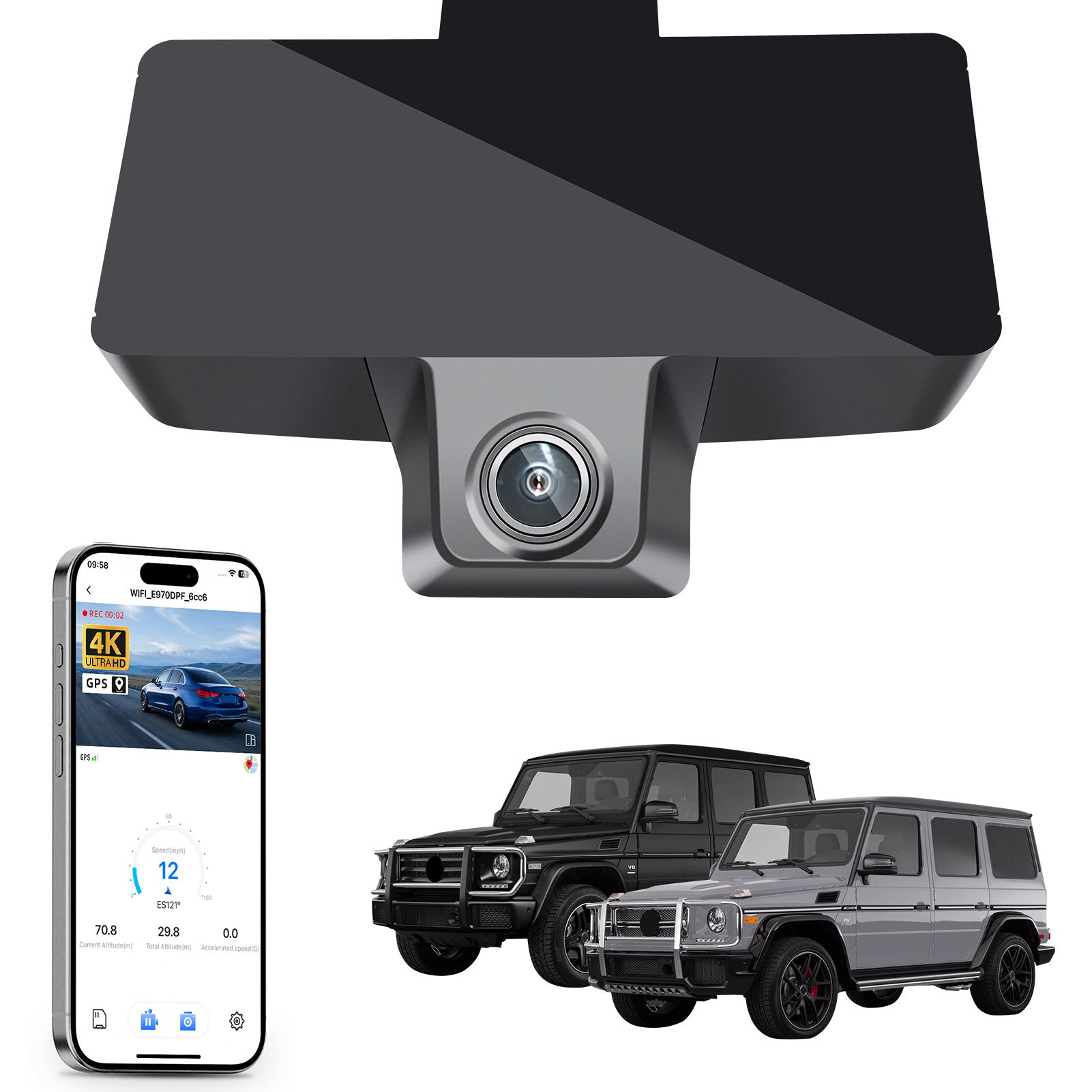Mangoal rearview mirror built-in dash cam with smartphone app control, 4K Ultra HD recording, GPS tracking, and Mercedes-Benz G-Class models in the background.