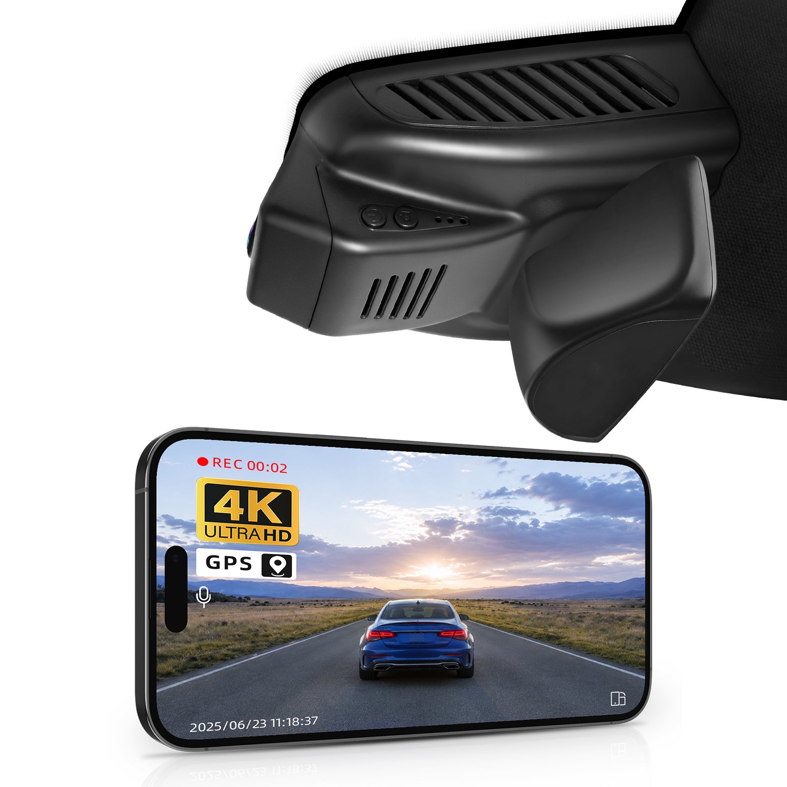 Mangoal rearview mirror built-in dash cam with smartphone app control, 4K Ultra HD recording, GPS tracking, and Mercedes-Benz GLB models in the background.
