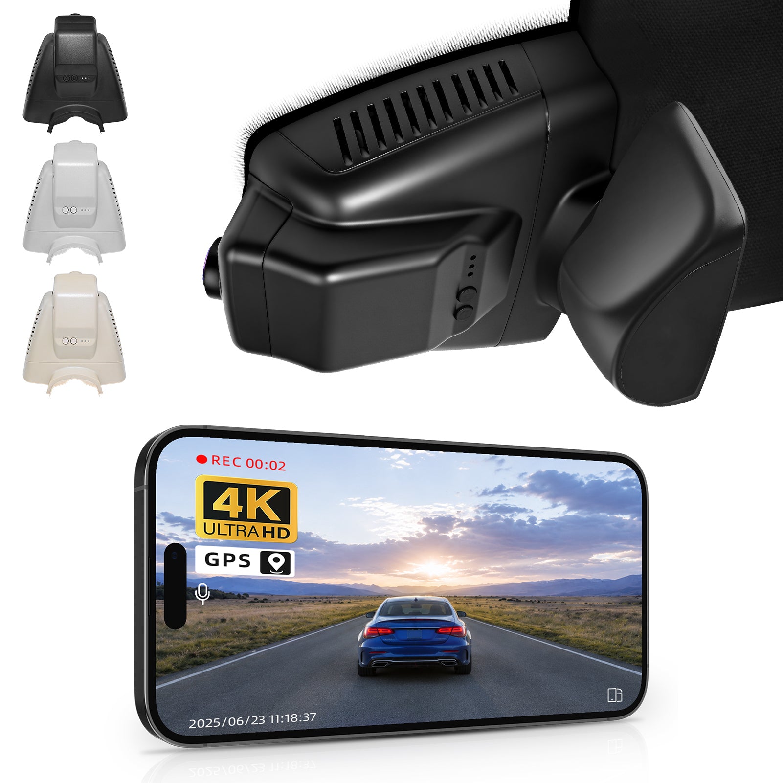 Mangoal rearview mirror built-in dash cam with smartphone app control, 4K Ultra HD recording, GPS tracking, and Mercedes-Benz GLK models in the background.