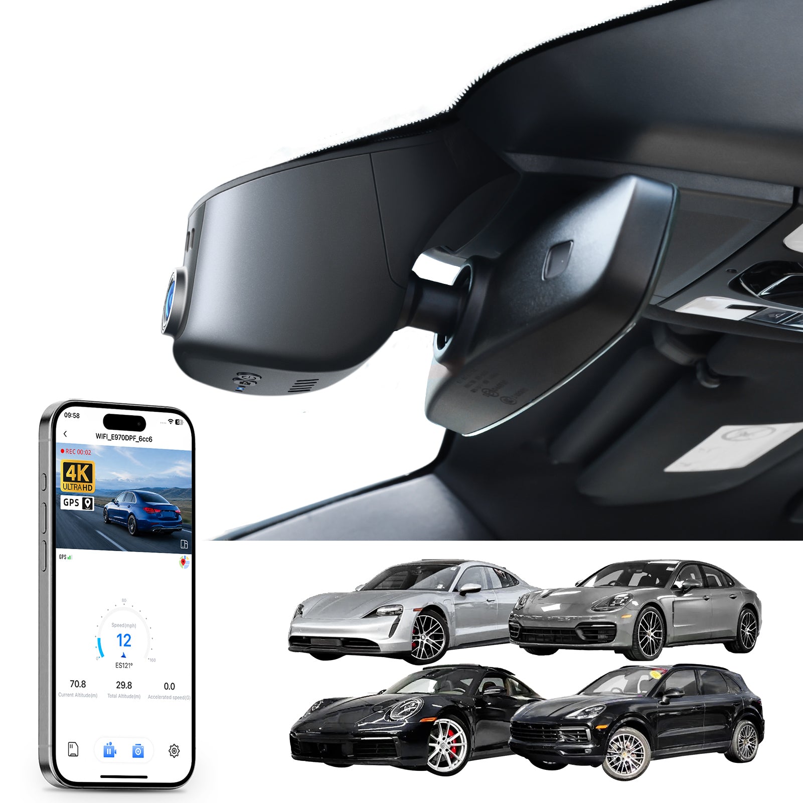 Mangoal rearview mirror built-in dash cam with smartphone app control, 4K Ultra HD recording, GPS tracking, and Porsche models in the background.