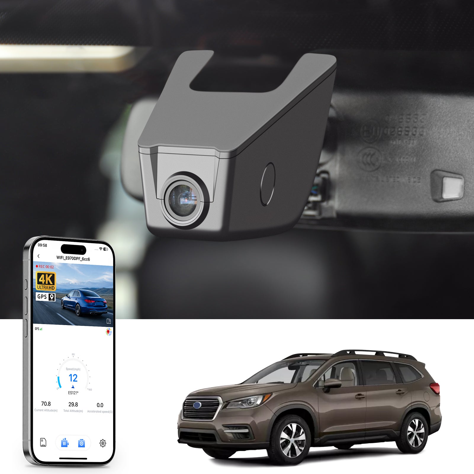 Mangoal rearview mirror built-in dash cam with smartphone app control, 4K Ultra HD recording, GPS tracking, and Subaru Ascent models in the background.