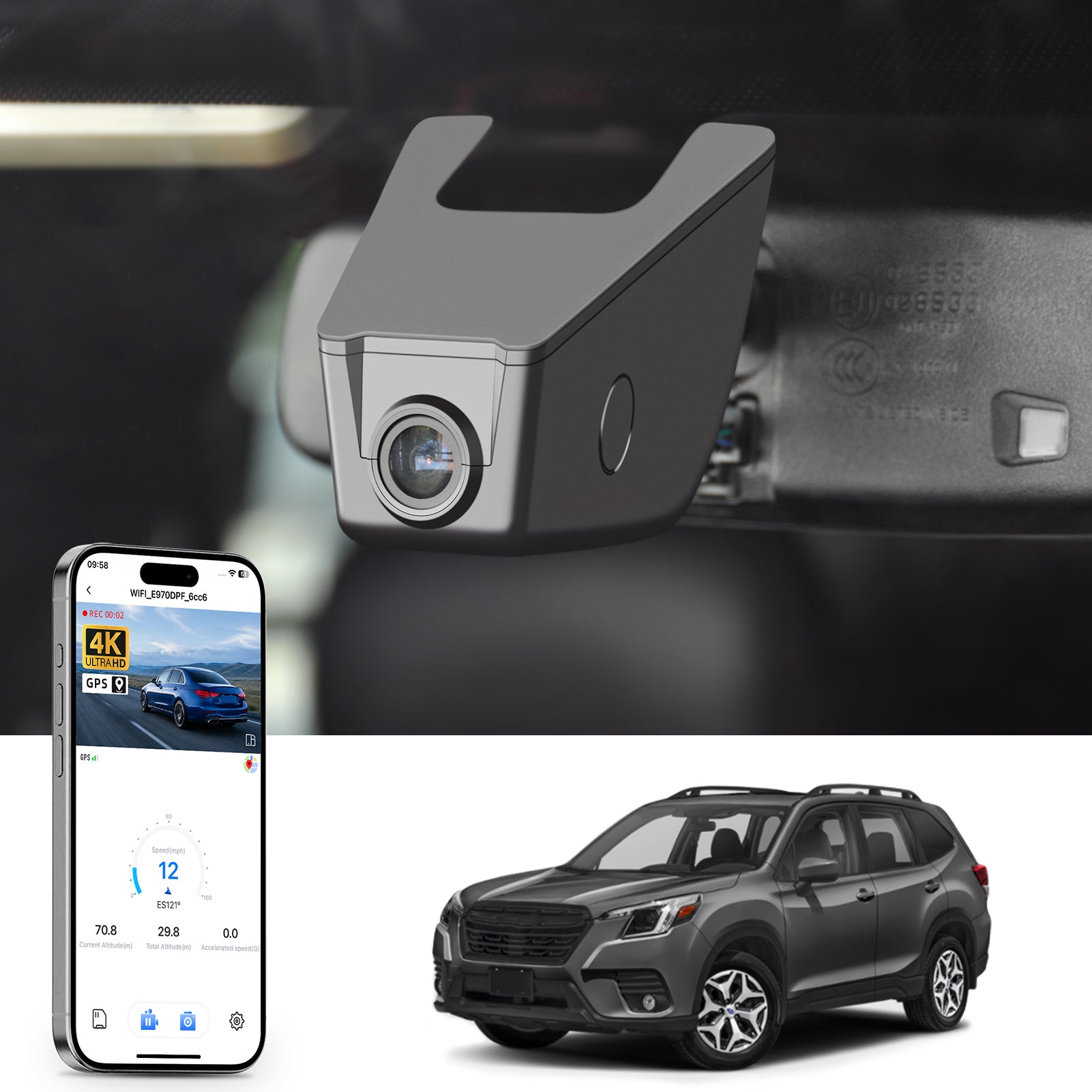 Mangoal rearview mirror built-in dash cam with smartphone app control, 4K Ultra HD recording, GPS tracking, and Subaru Forester models in the background.