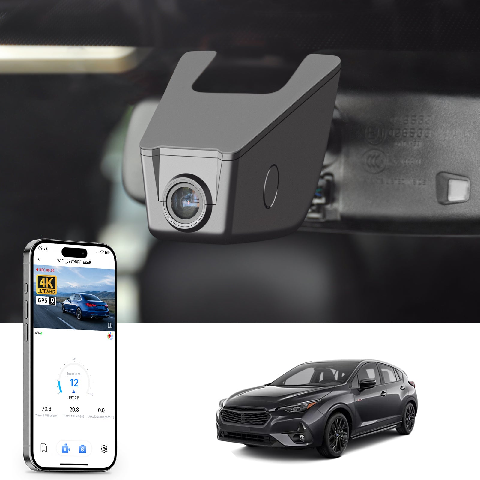 Mangoal rearview mirror built-in dash cam with smartphone app control, 4K Ultra HD recording, GPS tracking, and Subaru Impreza models in the background.