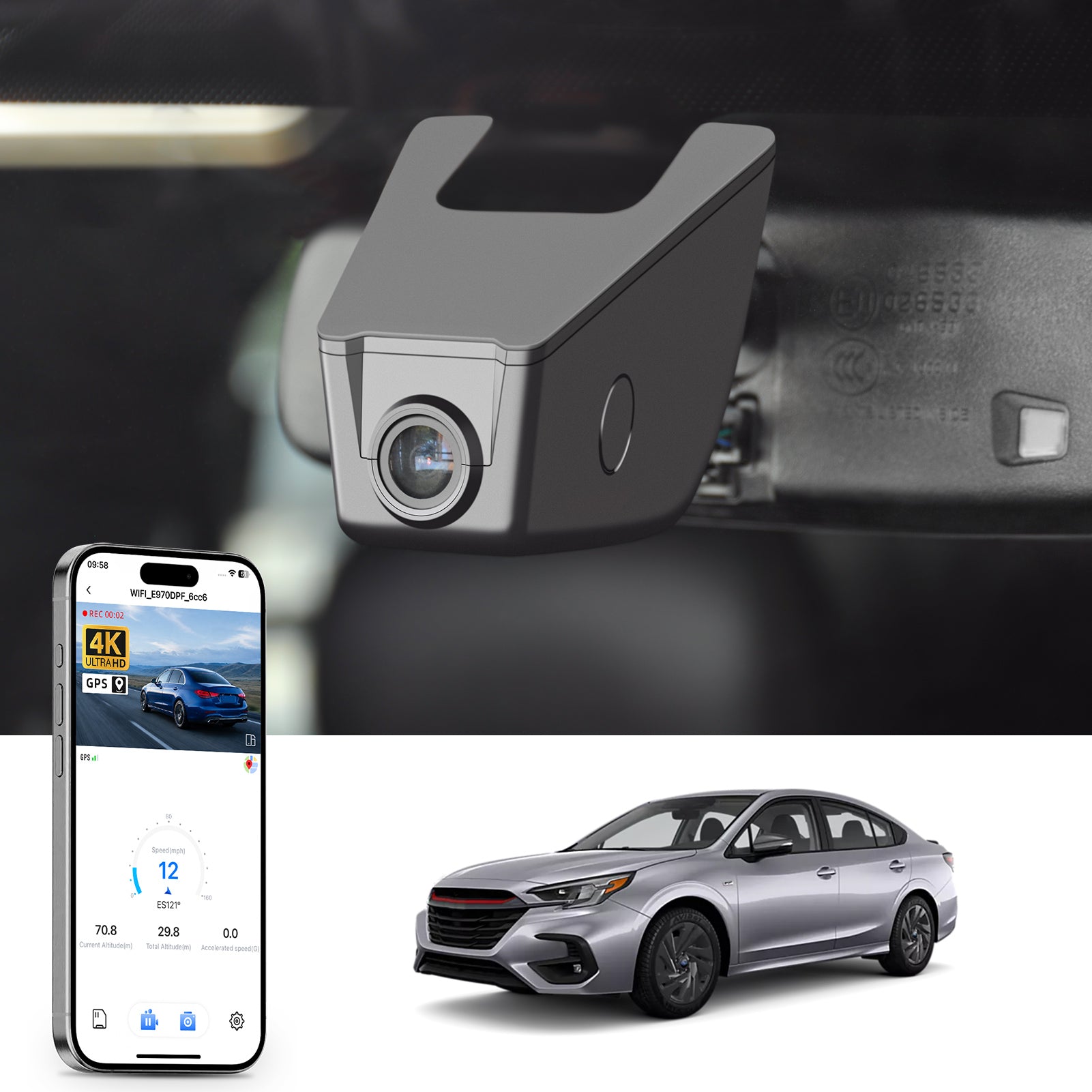 Mangoal rearview mirror built-in dash cam with smartphone app control, 4K Ultra HD recording, GPS tracking, and Subaru Legacy models in the background.