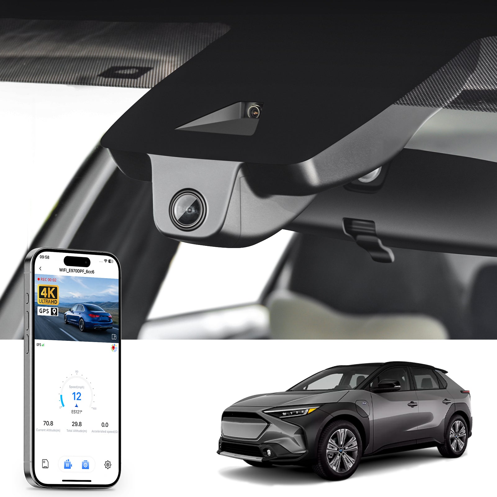 Mangoal rearview mirror built-in dash cam with smartphone app control, 4K Ultra HD recording, GPS tracking, and Subaru Solterra models in the background.