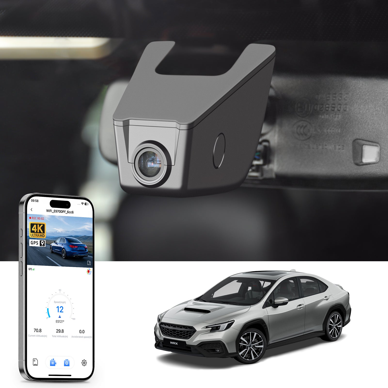 Mangoal rearview mirror built-in dash cam with smartphone app control, 4K Ultra HD recording, GPS tracking, and Subaru WRX models in the background.