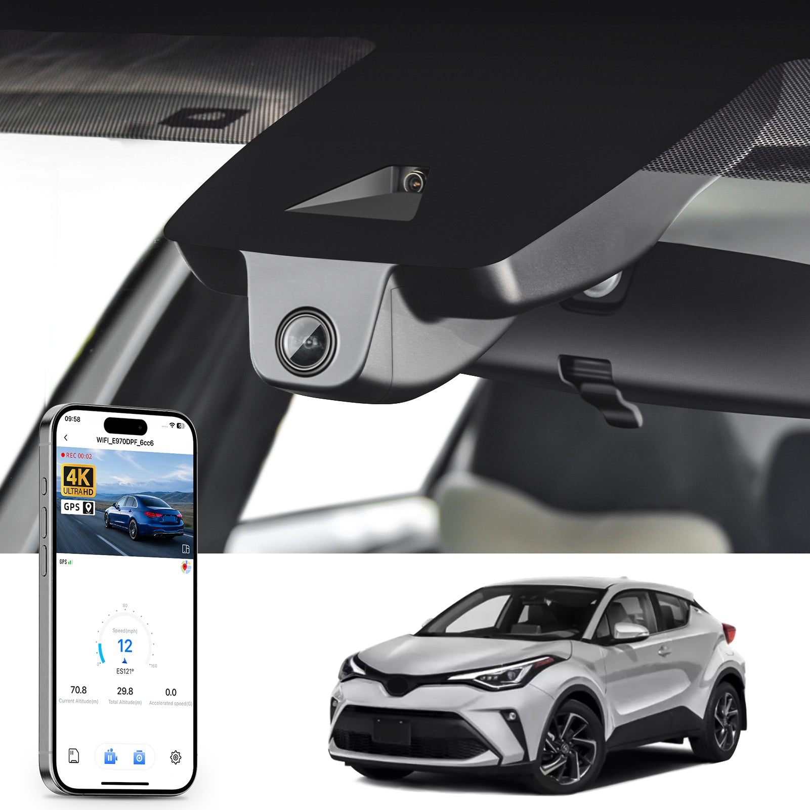 Mangoal rearview mirror built-in dash cam with smartphone app control, 4K Ultra HD recording, GPS tracking, and Toyota C-HR models in the background.