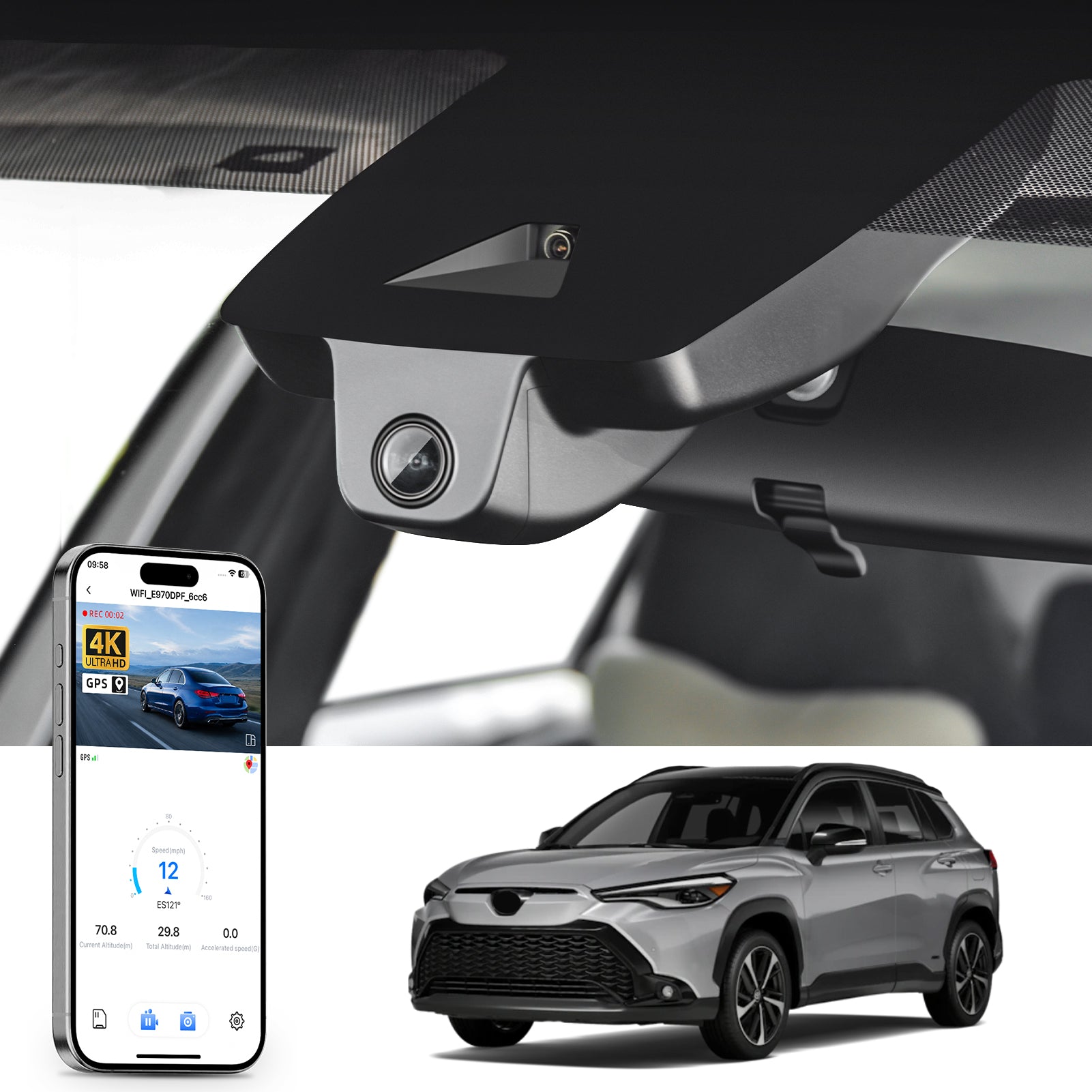 Mangoal rearview mirror built-in dash cam with smartphone app control, 4K Ultra HD recording, GPS tracking, and Toyota Corolla Cross models in the background.