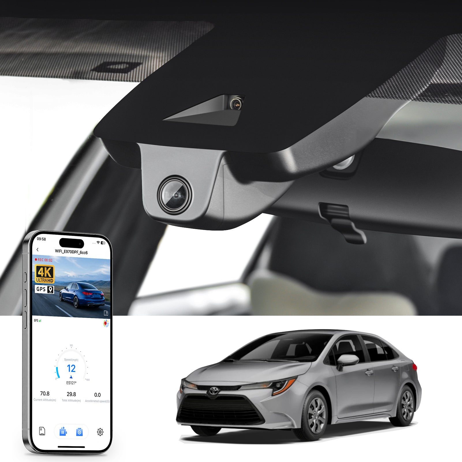 Mangoal rearview mirror built-in dash cam with smartphone app control, 4K Ultra HD recording, GPS tracking, and Toyota Corolla models in the background.