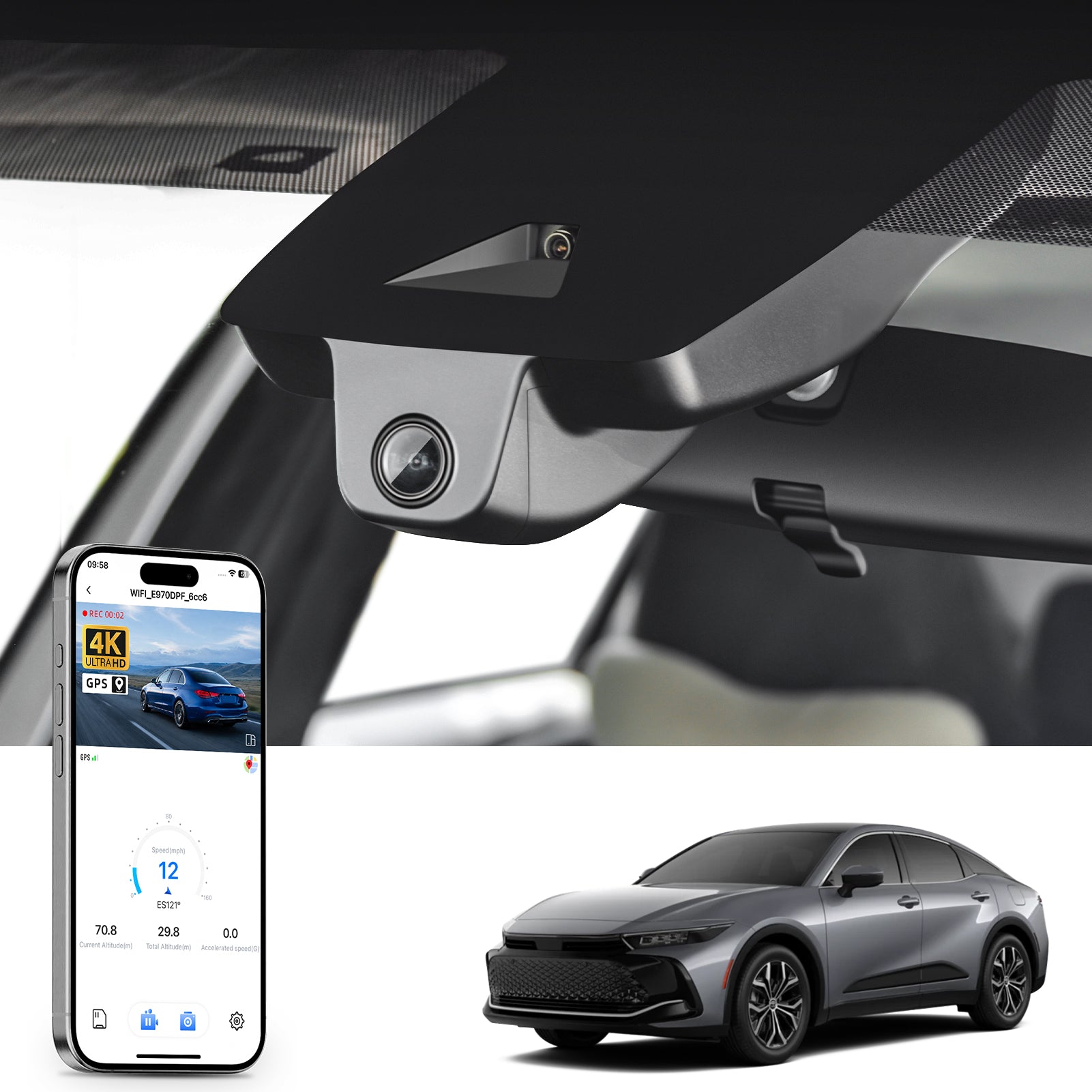 Mangoal rearview mirror built-in dash cam with smartphone app control, 4K Ultra HD recording, GPS tracking, and Toyota Crown models in the background.