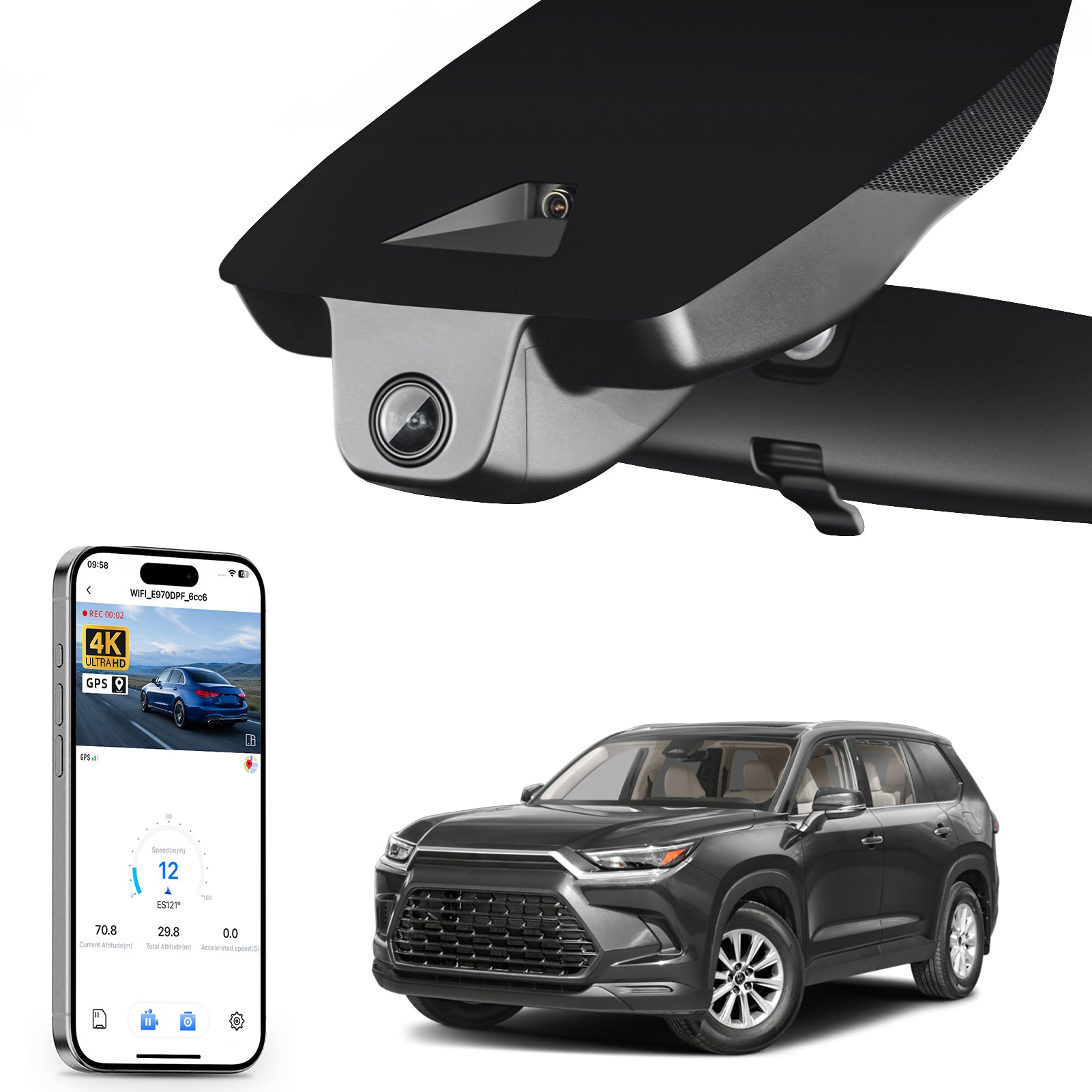 Mangoal rearview mirror built-in dash cam with smartphone app control, 4K Ultra HD recording, GPS tracking, and Toyota Grand Highlander models in the background.