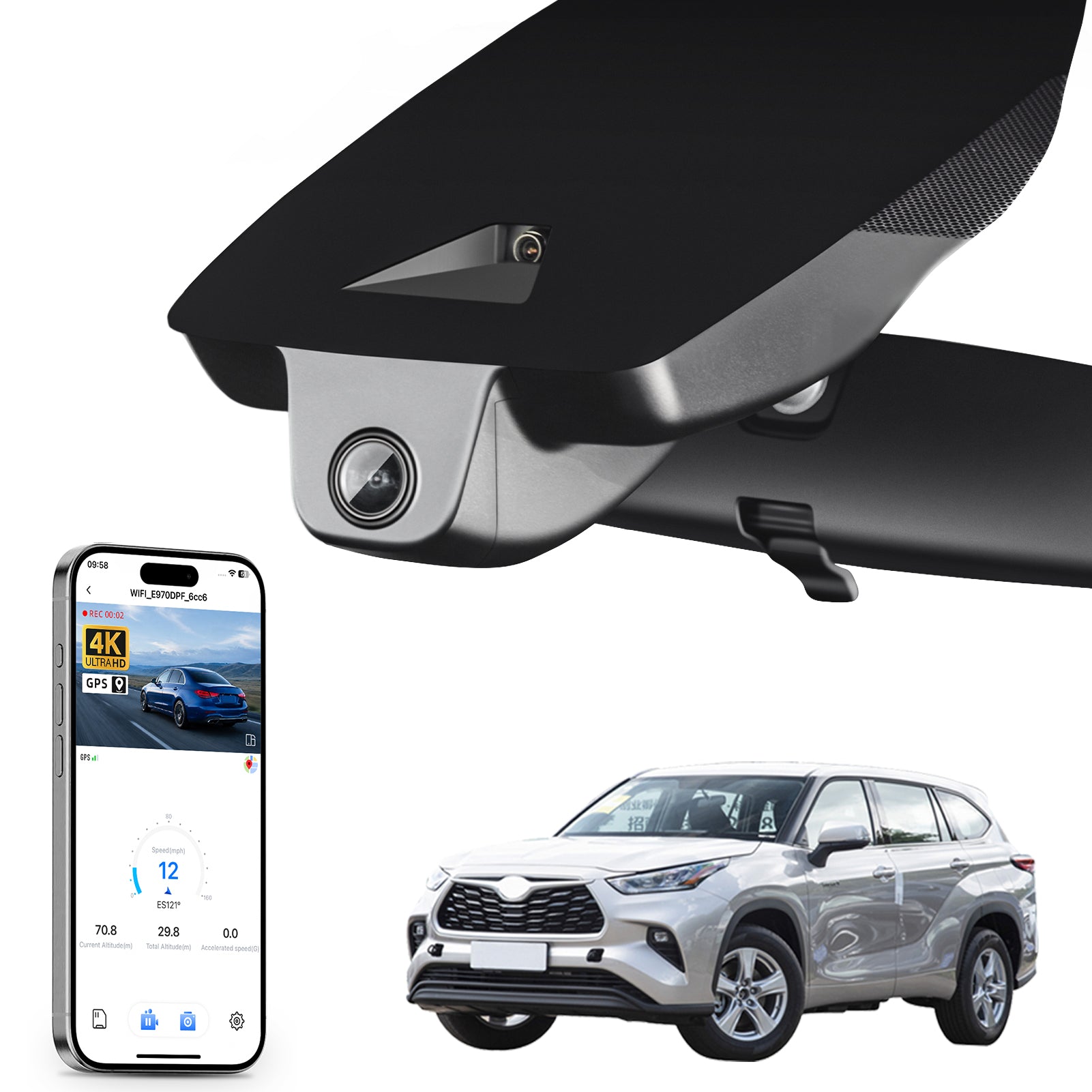 Mangoal rearview mirror built-in dash cam with smartphone app control, 4K Ultra HD recording, GPS tracking, and Toyota Highlander models in the background.