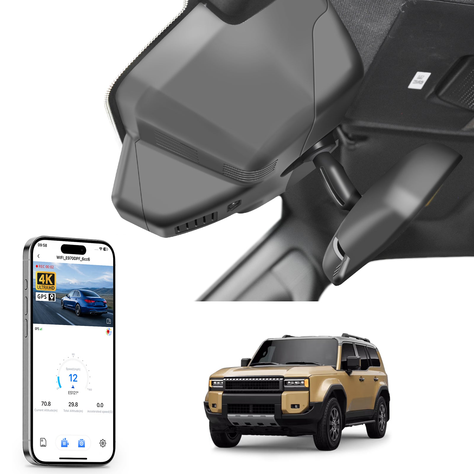 Mangoal rearview mirror built-in dash cam with smartphone app control, 4K Ultra HD recording, GPS tracking, and Toyota Land Cruiser models in the background.
