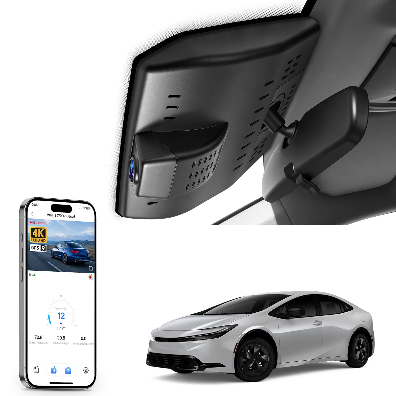Mangoal rearview mirror built-in dash cam with smartphone app control, 4K Ultra HD recording, GPS tracking, and Toyota Prius models in the background.