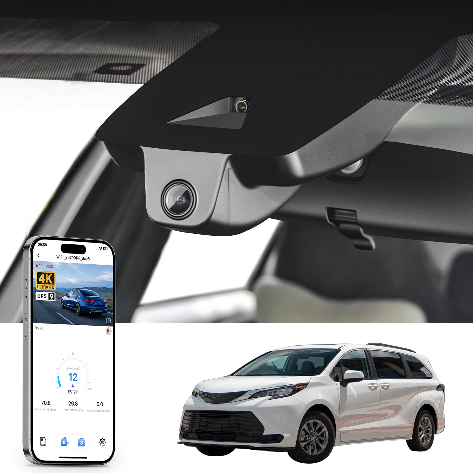 Mangoal rearview mirror built-in dash cam with smartphone app control, 4K Ultra HD recording, GPS tracking, and Toyota Sienna models in the background.