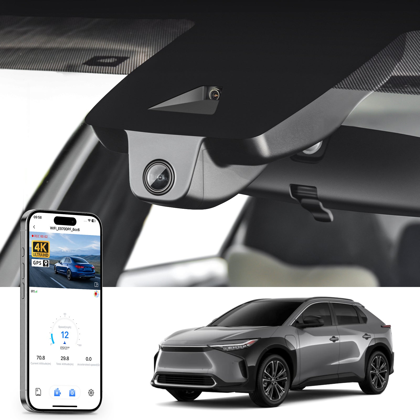 Mangoal rearview mirror built-in dash cam with smartphone app control, 4K Ultra HD recording, GPS tracking, and Toyota BZ4X models in the background.