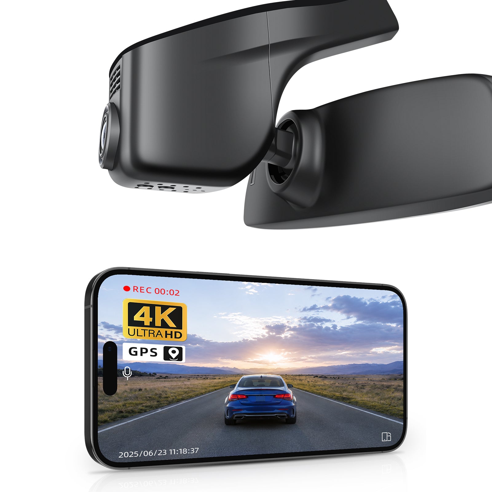Mangoal rearview mirror built-in dash cam with smartphone app control, 4K Ultra HD recording, GPS tracking, and Volkswagen Arteon Black models in the background.