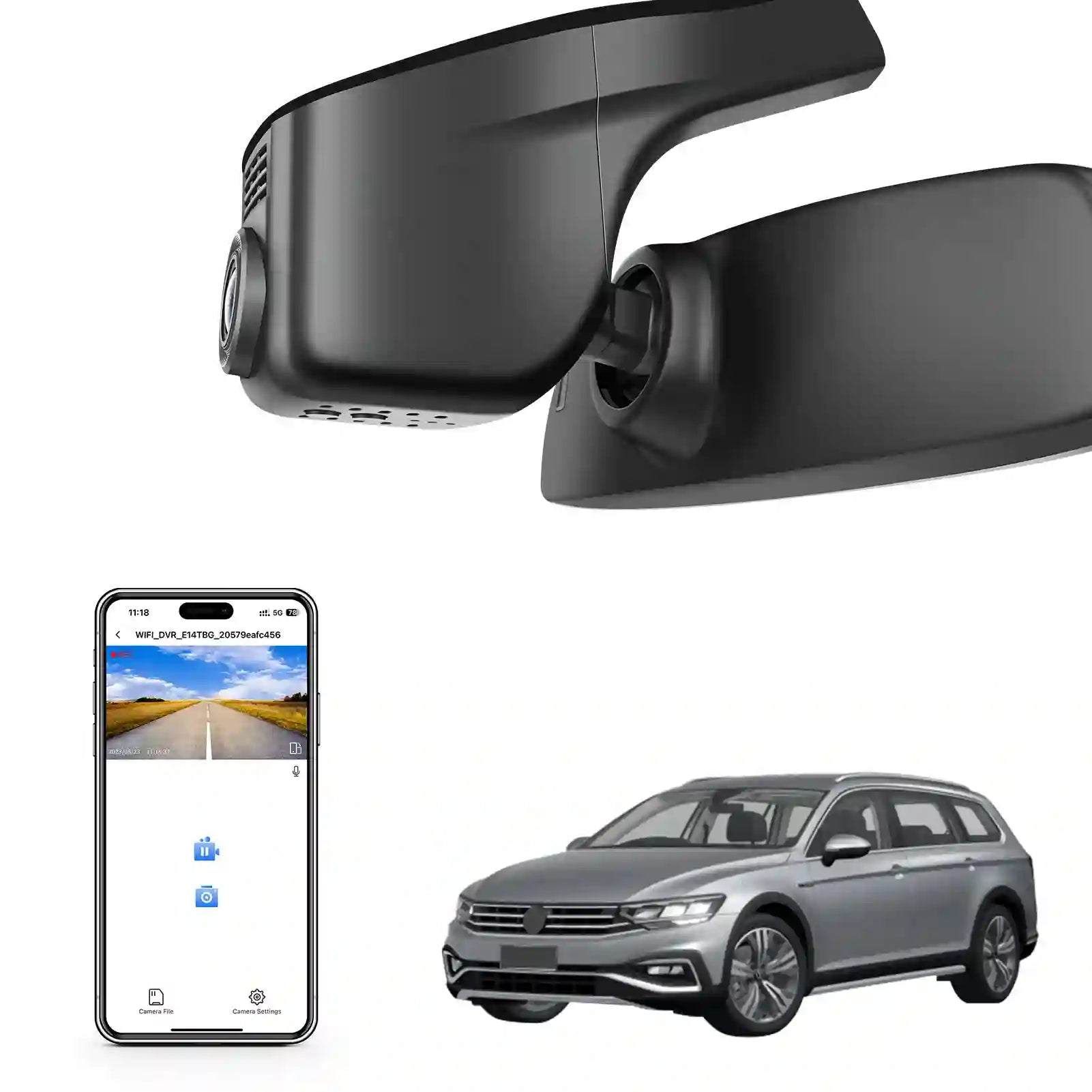 Mangoal rearview mirror built-in dash cam with smartphone app control, 4K Ultra HD recording, GPS tracking, and Volkswagen Passat models in the background.