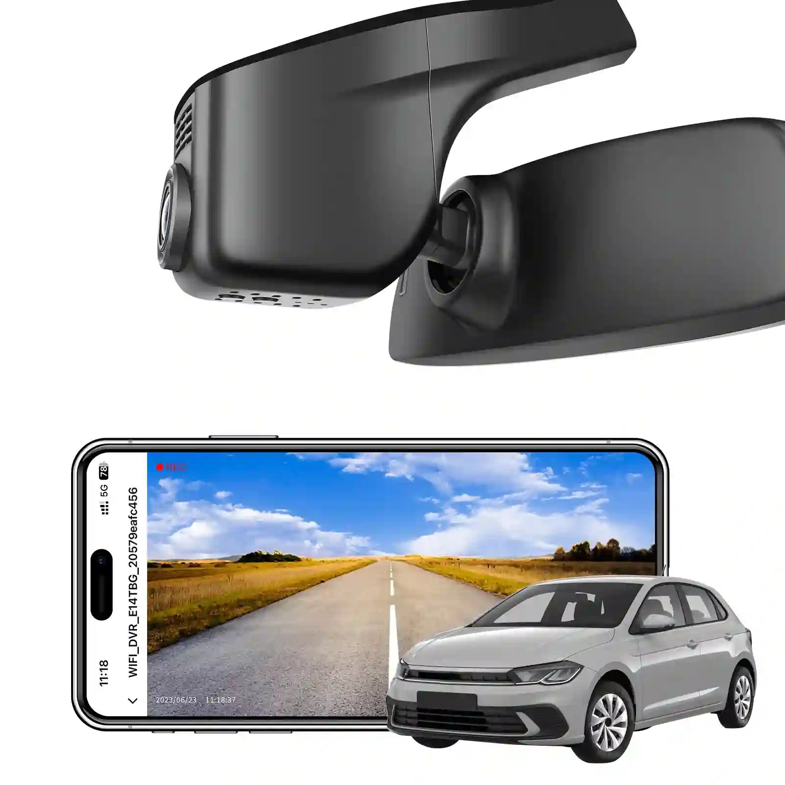 Mangoal rearview mirror built-in dash cam with smartphone app control, 4K Ultra HD recording, GPS tracking, and Volkswagen Polo models in the background.