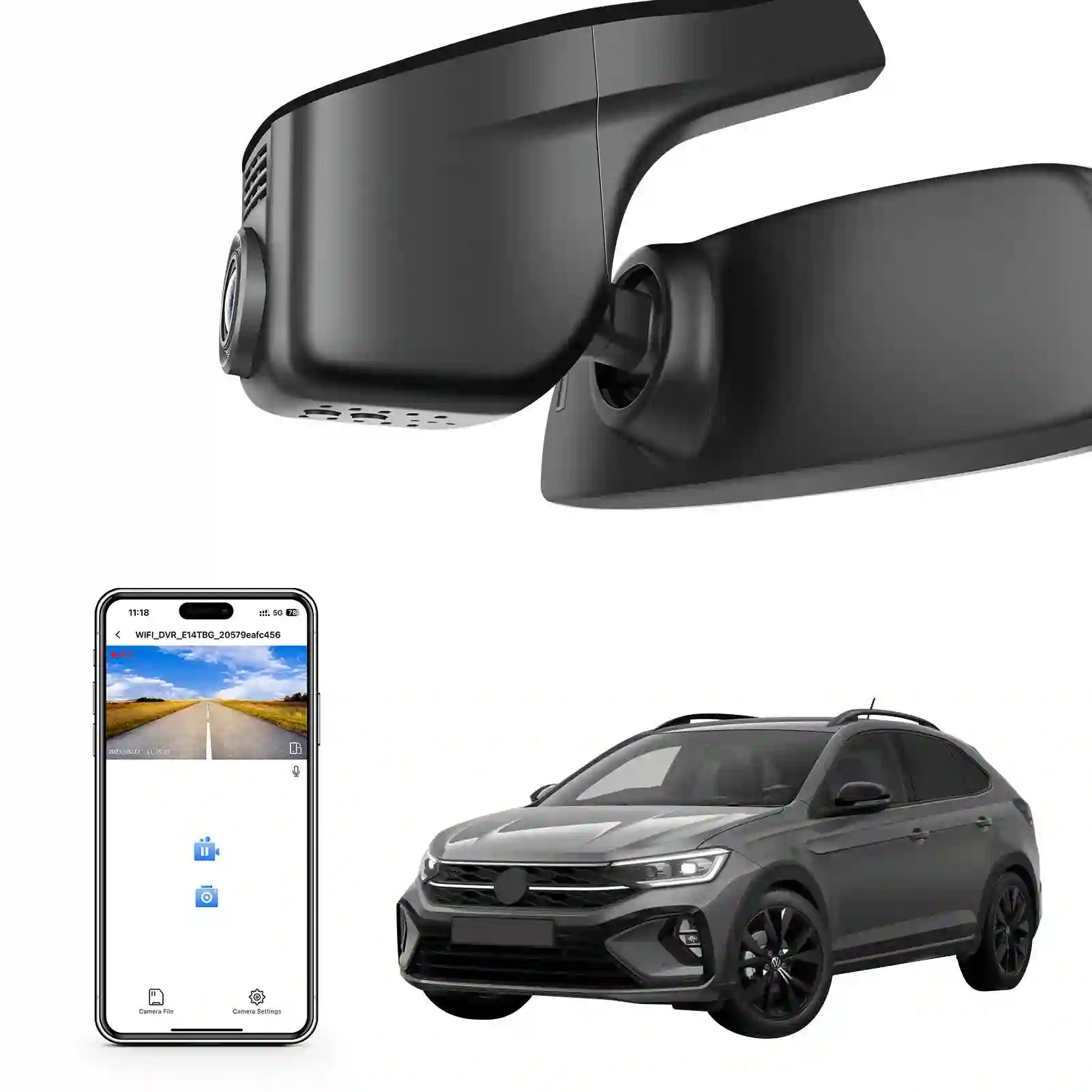 Mangoal rearview mirror built-in dash cam with smartphone app control, 4K Ultra HD recording, GPS tracking, and Volkswagen Taigo models in the background.