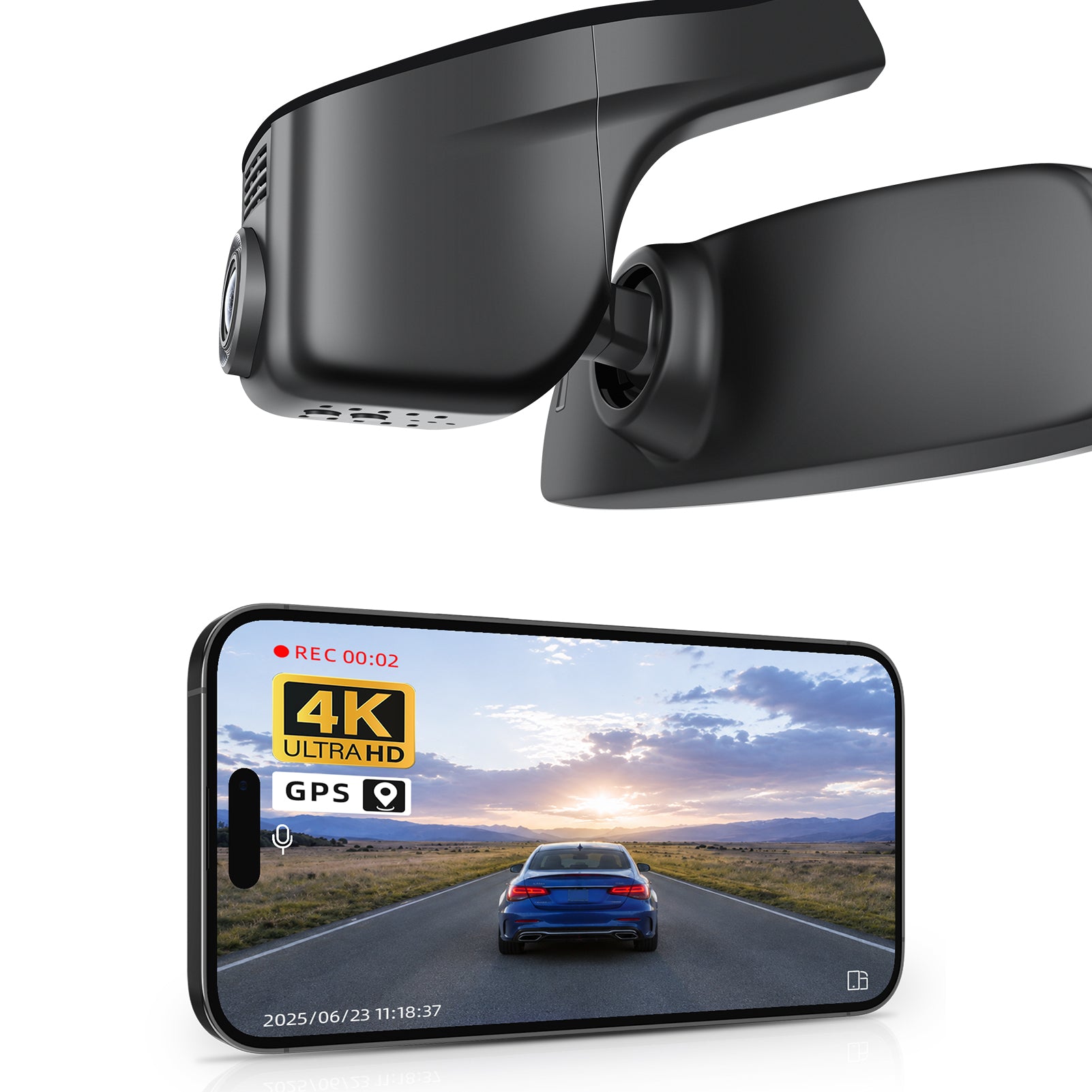 Mangoal rearview mirror built-in dash cam with smartphone app control, 4K Ultra HD recording, GPS tracking, and Volkswagen Taos models in the background.