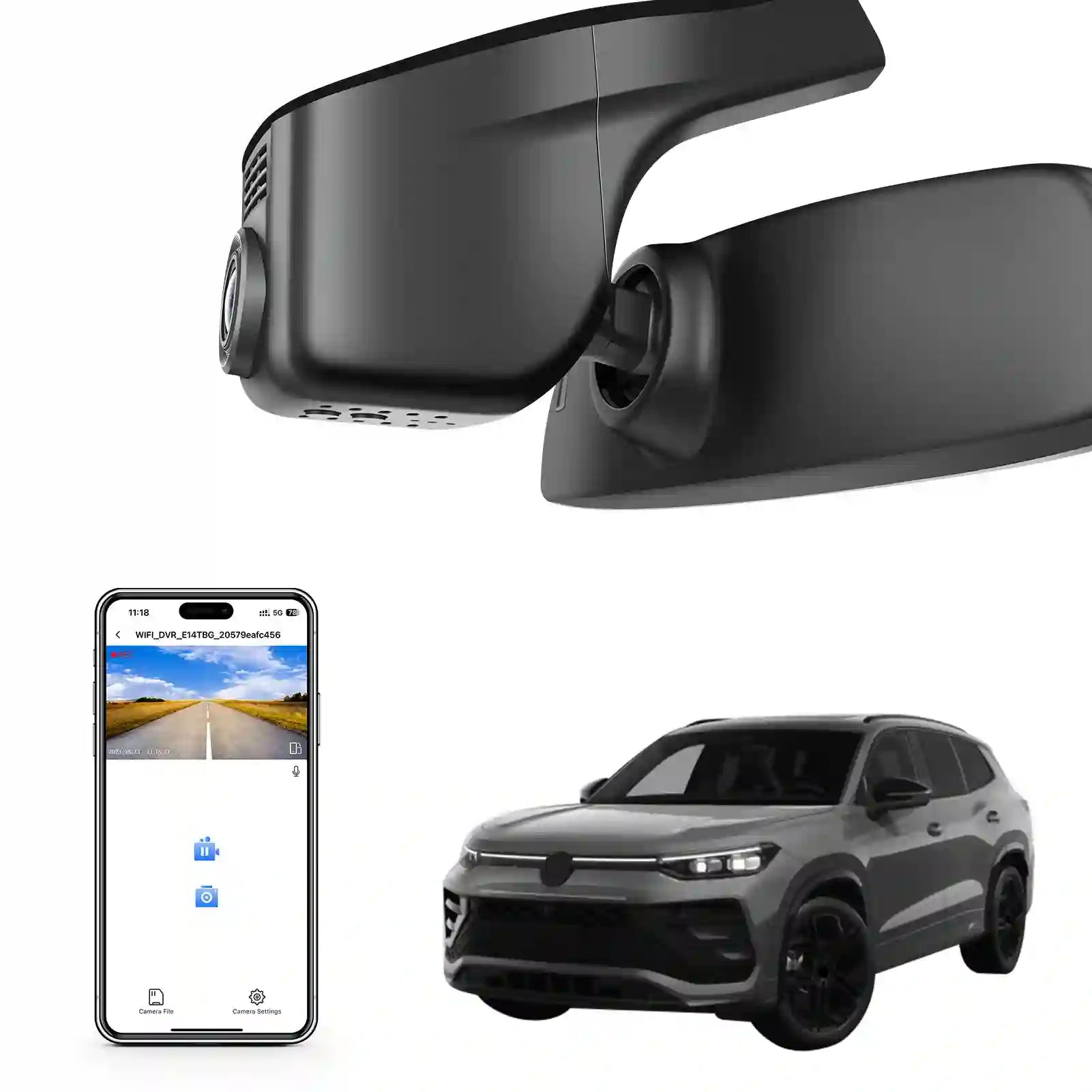 Mangoal rearview mirror built-in dash cam with smartphone app control, 4K Ultra HD recording, GPS tracking, and Volkswagen Tayron models in the background.