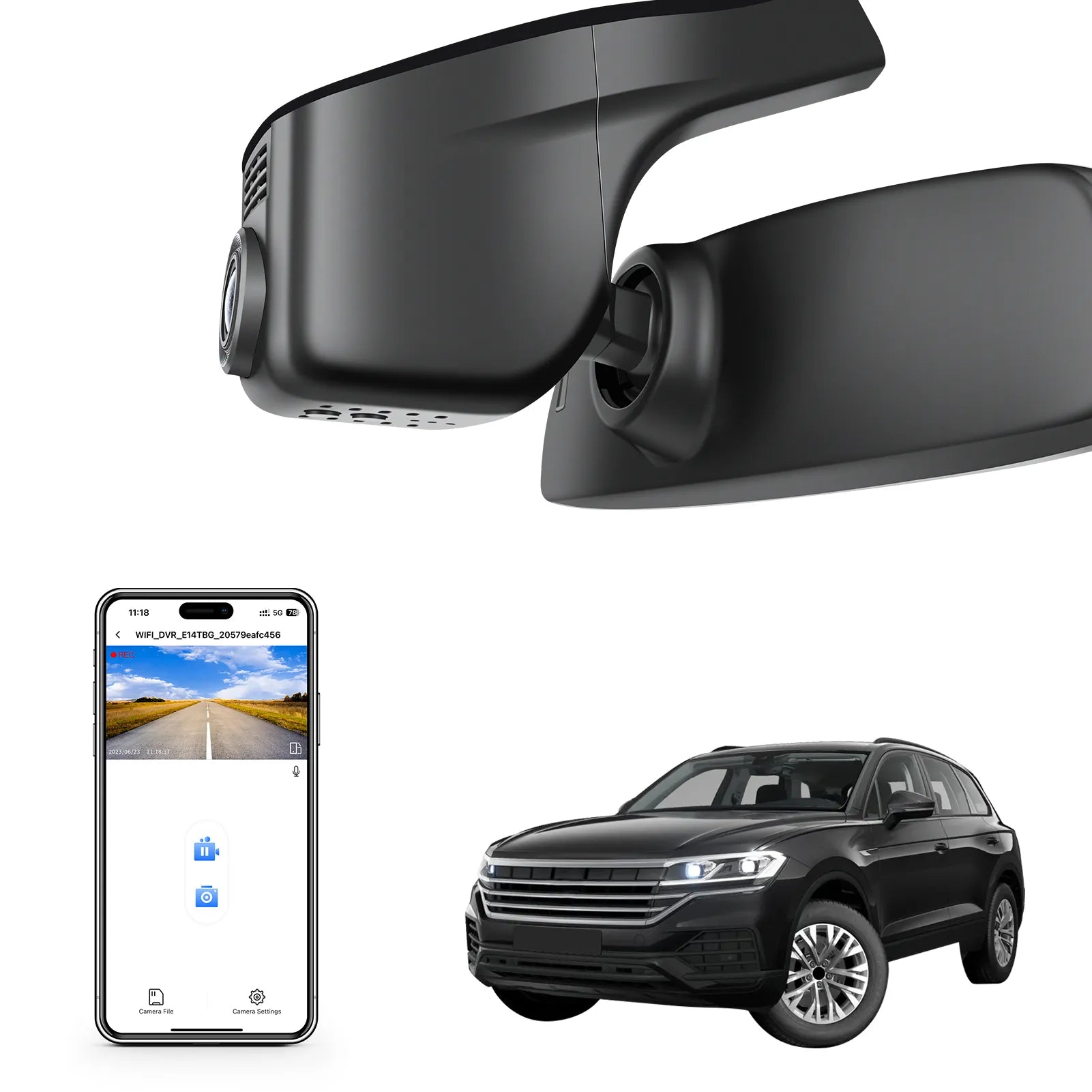 Mangoal rearview mirror built-in dash cam with smartphone app control, 4K Ultra HD recording, GPS tracking, and Volkswagen Touareg models in the background.