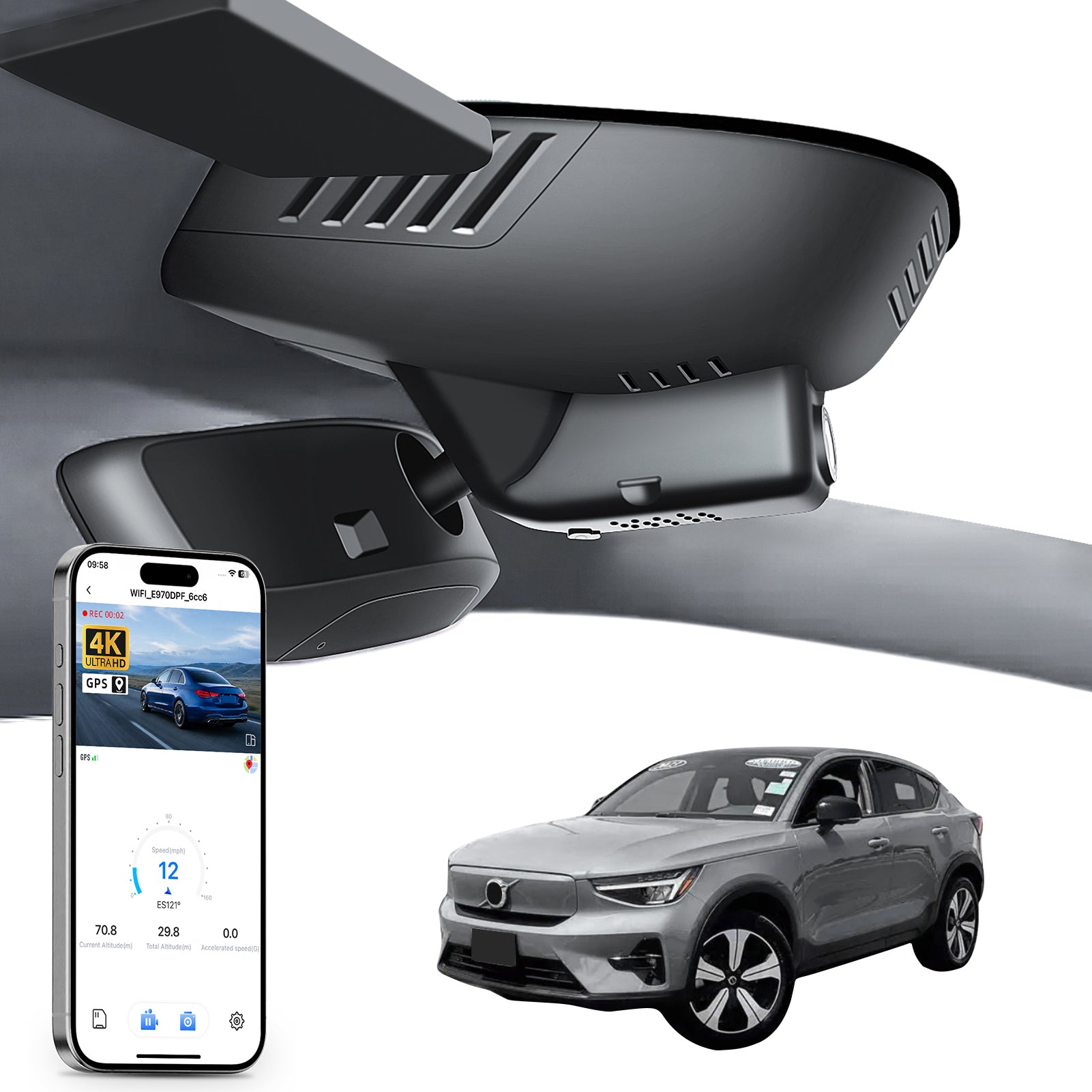 Mangoal rearview mirror built-in dash cam with smartphone app control, 4K Ultra HD recording, GPS tracking, and Volvo-C40 models in the background.