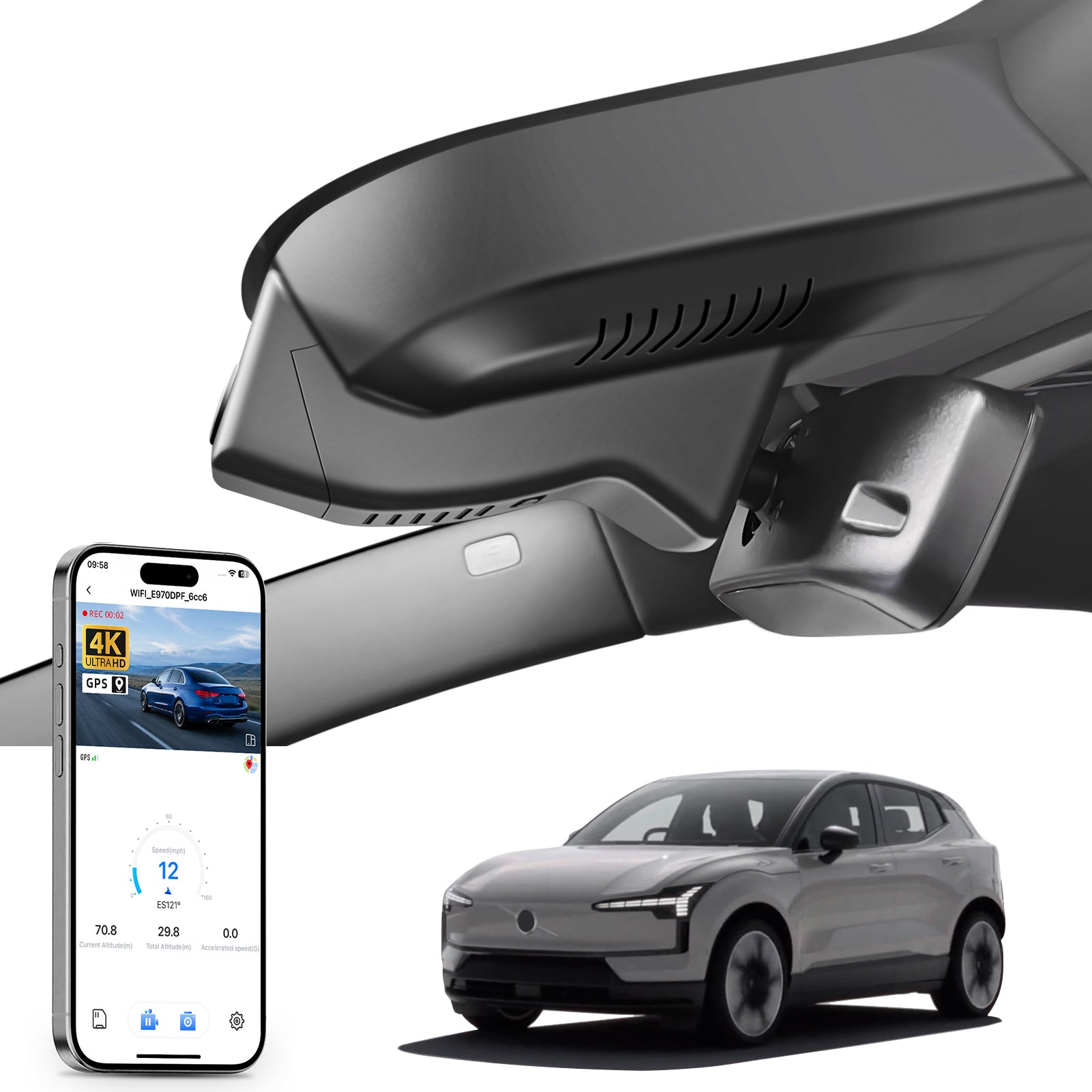 Mangoal rearview mirror built-in dash cam with smartphone app control, 4K Ultra HD recording, GPS tracking, and Volvo EX30 models in the background.