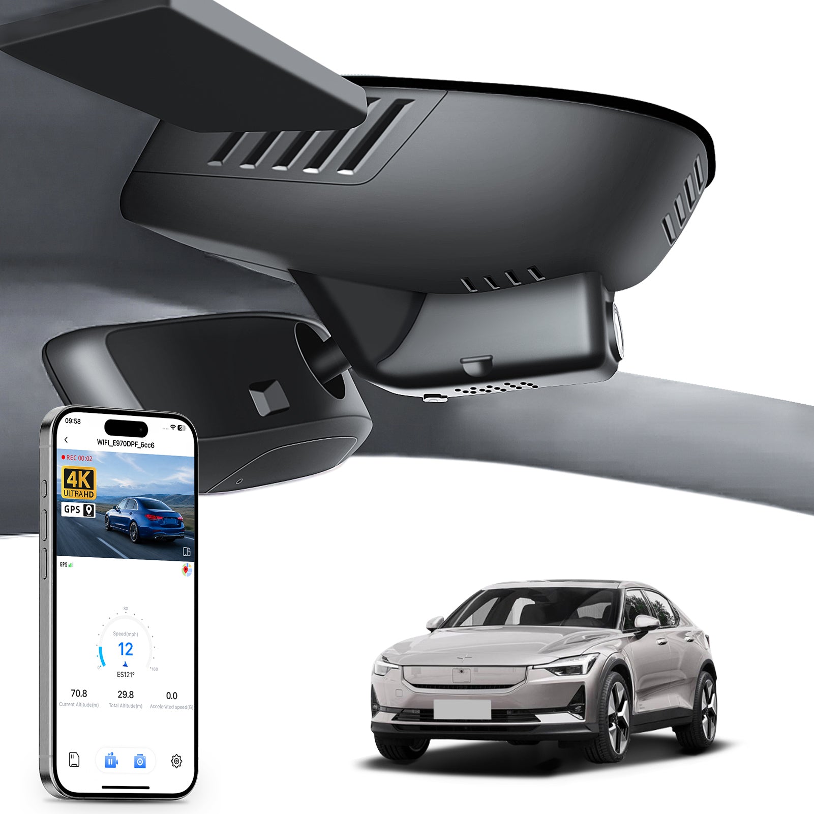 Mangoal rearview mirror built-in dash cam with smartphone app control, 4K Ultra HD recording, GPS tracking, and Volvo Polestar 2 models in the background.