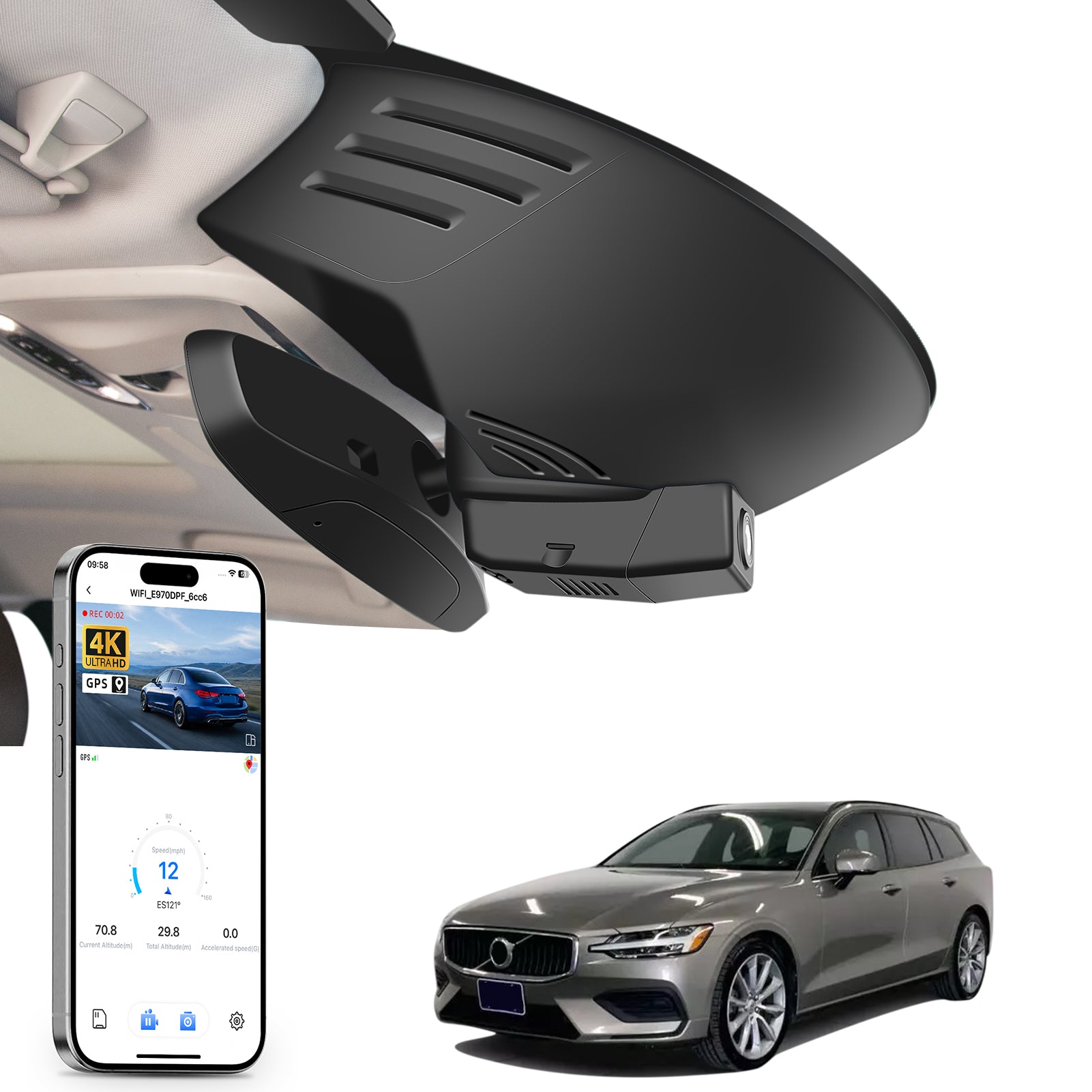 Mangoal rearview mirror built-in dash cam with smartphone app control, 4K Ultra HD recording, GPS tracking, and Volvo S60 V60 models in the background.