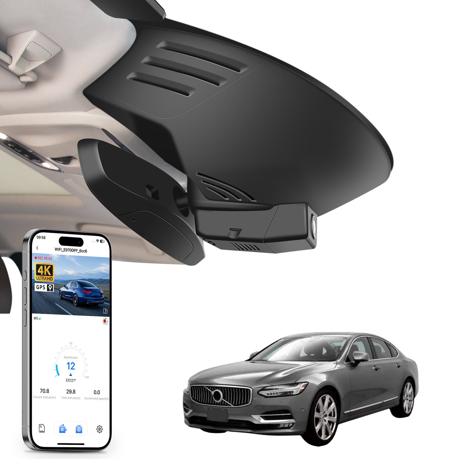 Mangoal rearview mirror built-in dash cam with smartphone app control, 4K Ultra HD recording, GPS tracking, and Volvo S90 V90 models in the background.