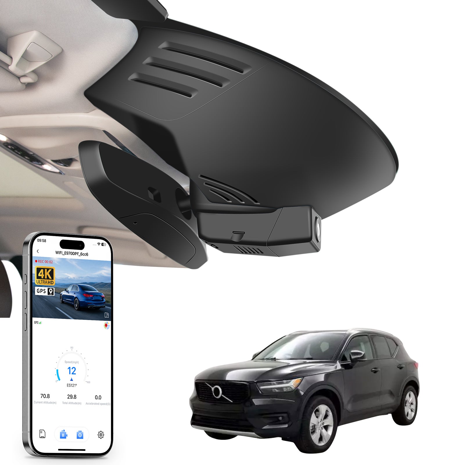 Mangoal rearview mirror built-in dash cam with smartphone app control, 4K Ultra HD recording, GPS tracking, and Volvo XC40 models in the background.
