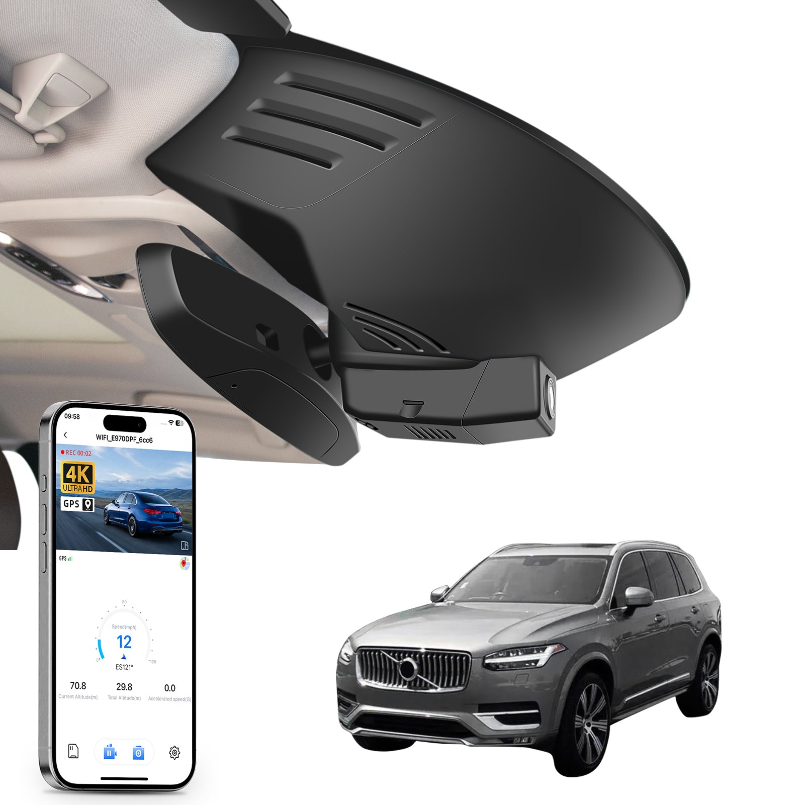 Mangoal rearview mirror built-in dash cam with smartphone app control, 4K Ultra HD recording, GPS tracking, and Volvo XC90 models in the background.