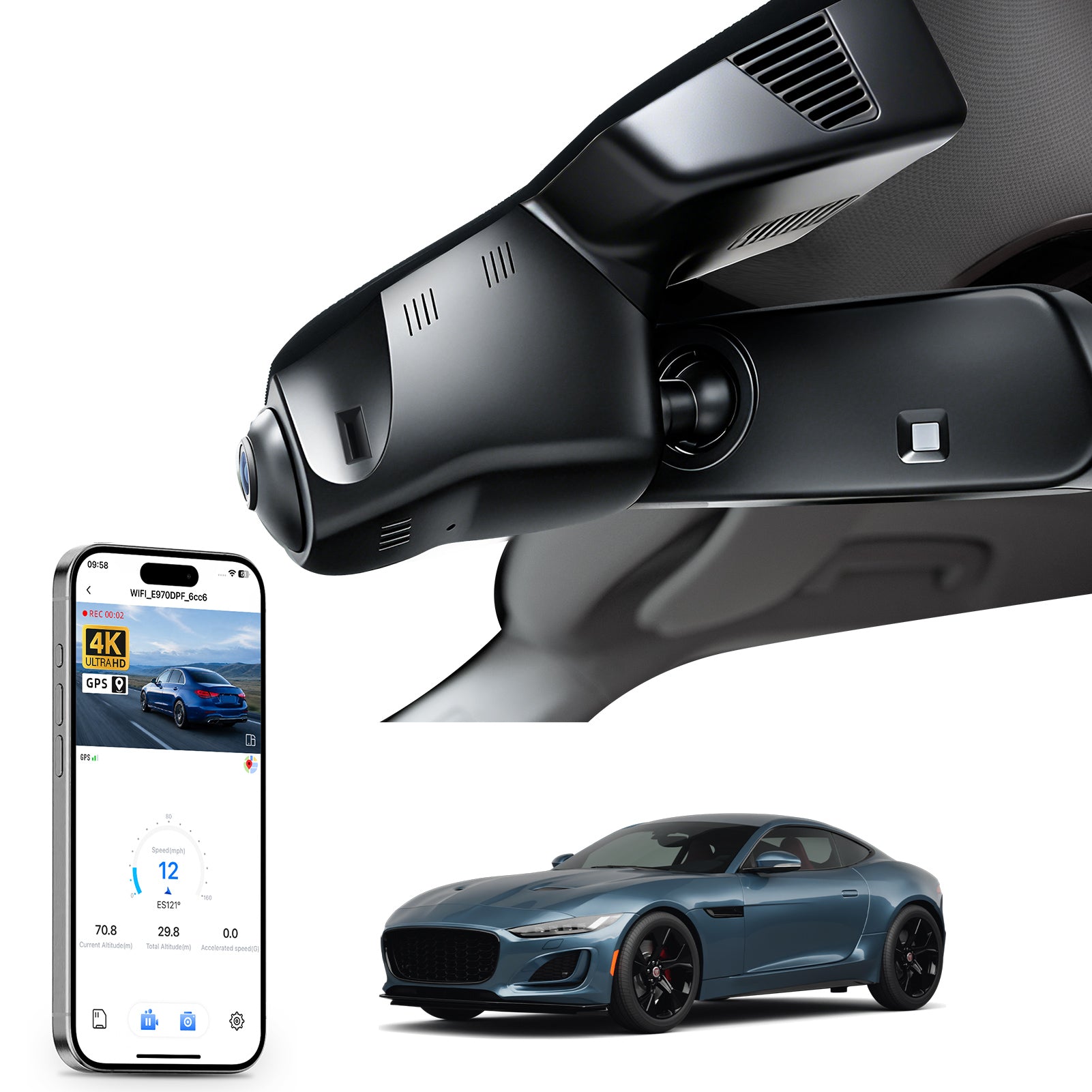 Mangoal rearview mirror built-in dash cam with smartphone app control, 4K Ultra HD recording, GPS tracking and Jaguar F-Type models in the background.