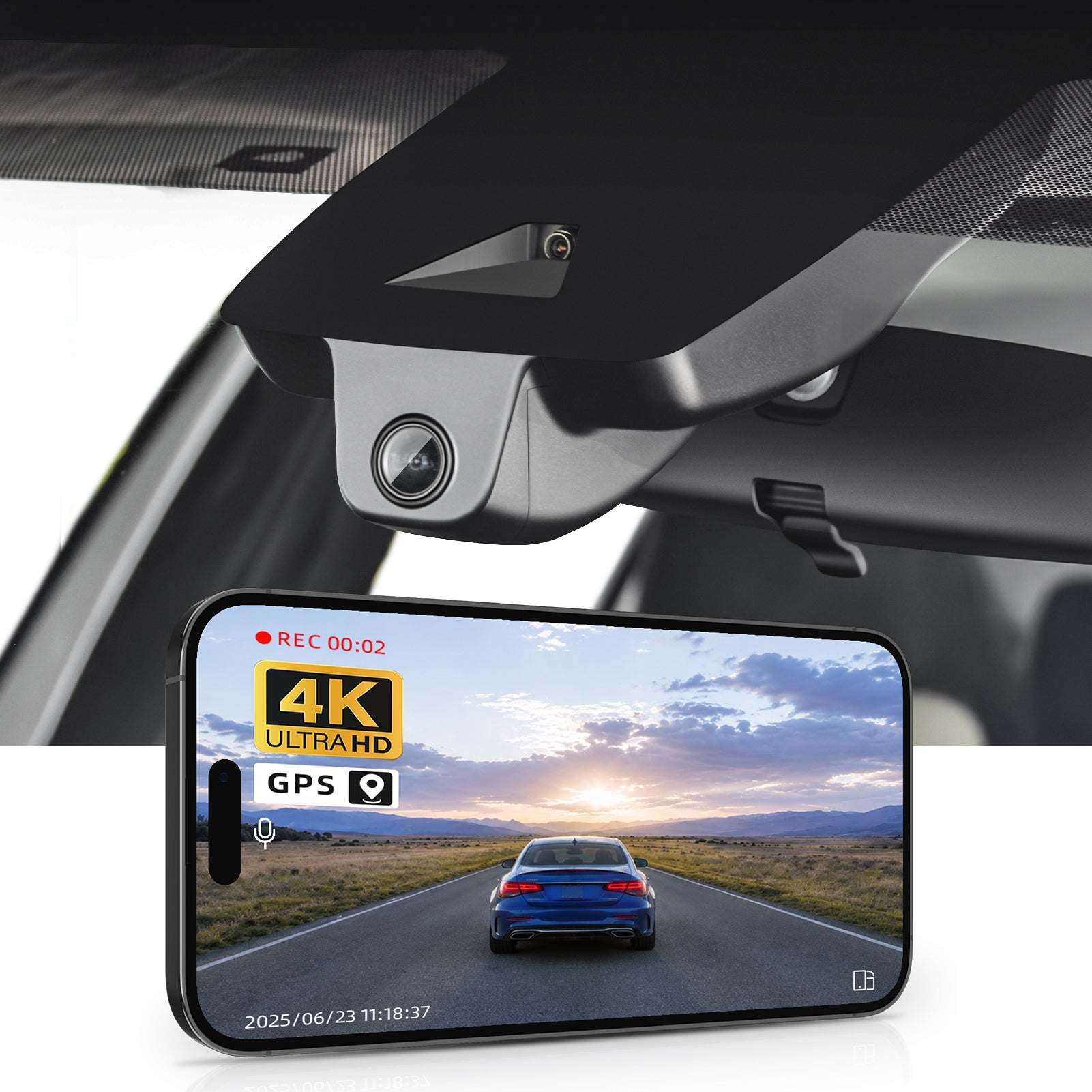Car rearview mirror built-in dash cam with smartphone app control, 4K Ultra HD recording, GPS tracking and Subaru Uncharted models in the background.