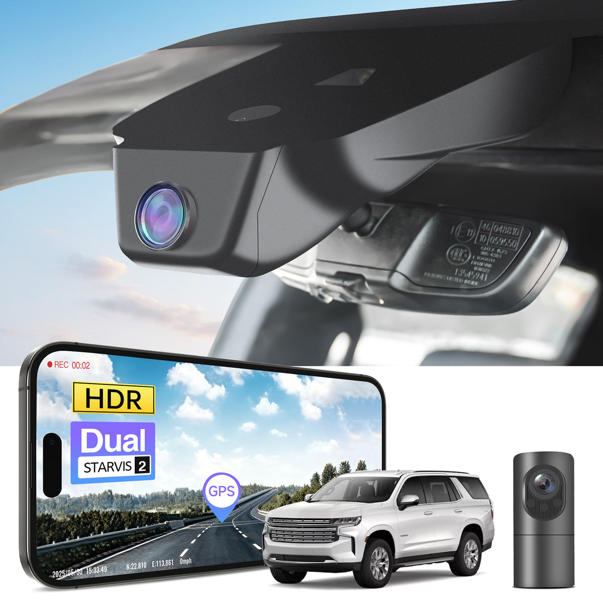 2 channel dash cam with dual STARVIS 2, features smartphone app control, 4K Ultra HD recording, GPS tracking, and Chevy Suburban Tahoe SUV models in the background.  