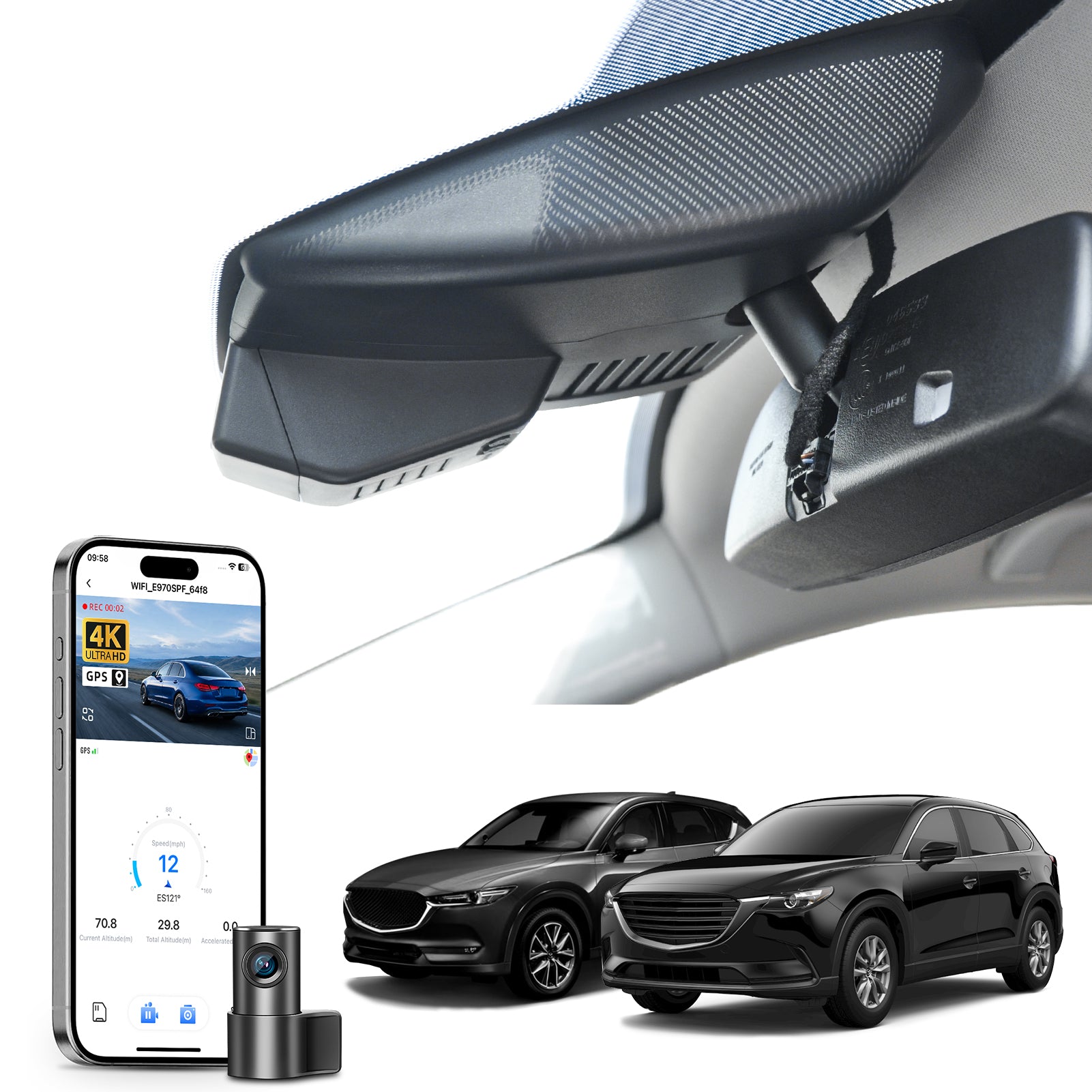 2 channel dash cam with dual STARVIS 2, features smartphone app control, 4K Ultra HD recording, GPS tracking, and Mazda CX-5 & CX-9 models in the background. 