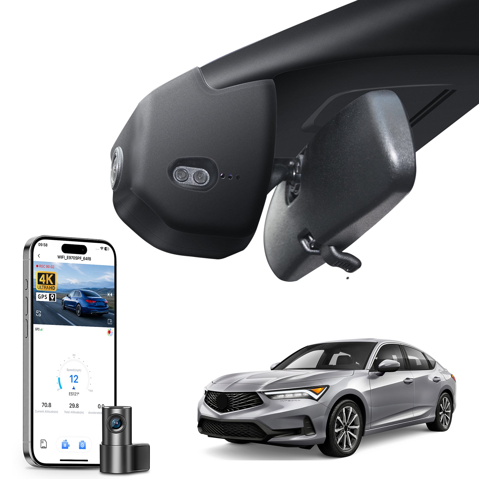 Mangoal 2 channel dash cam with STARVIS sensor, features smartphone app control, front 4K UHD and rear Full HD recording, GPS tracking, and Acura Integra Black models in the background. 