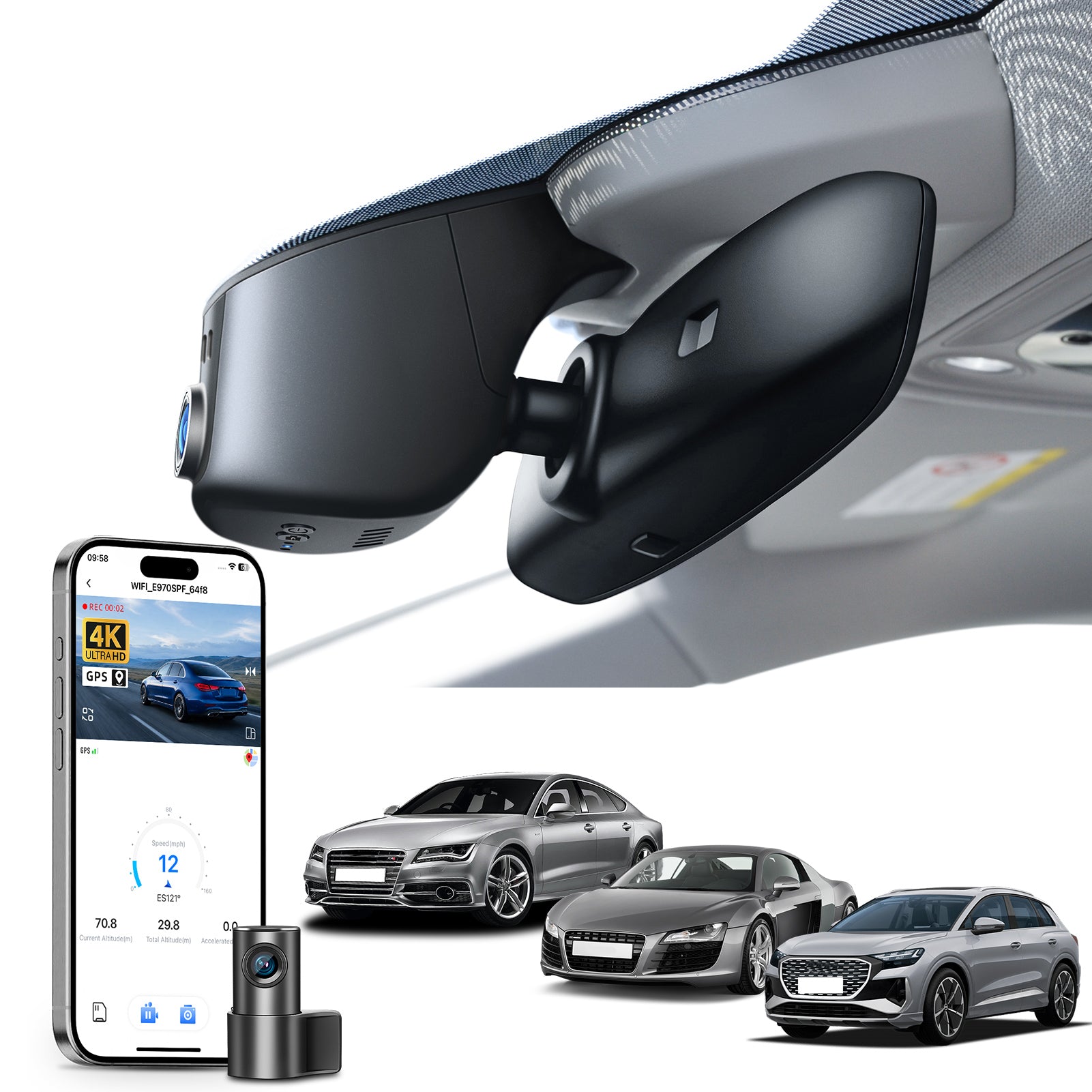 Mangoal 2 channel dash cam with STARVIS sensor, features smartphone app control, front 4K UHD and rear Full HD recording, GPS tracking, and Audi-Black models in the background.
