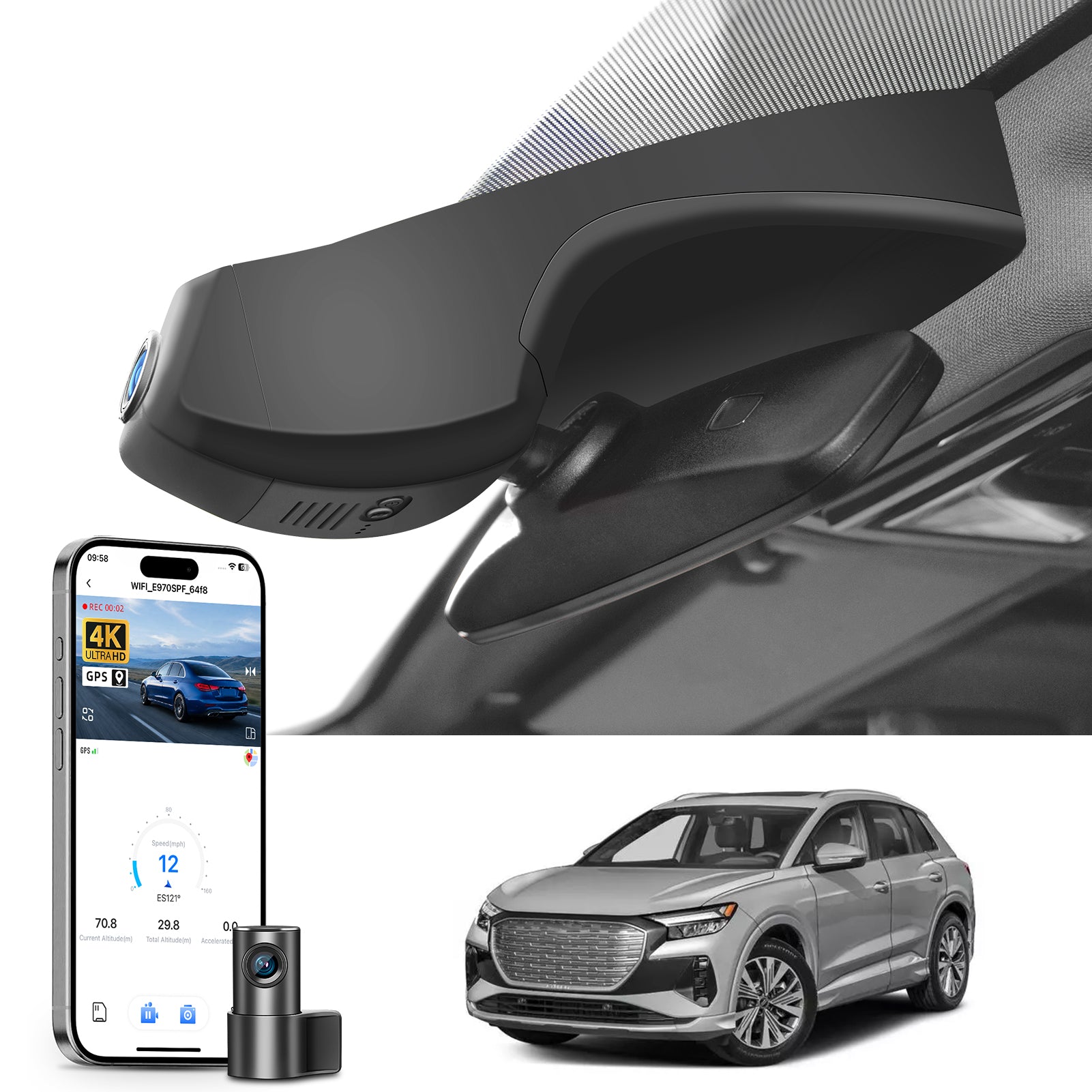 Mangoal 2 channel dash cam with STARVIS sensor, features smartphone app control, front 4K UHD and rear Full HD recording, GPS tracking, and Audi Q4-e-tron models in the background.