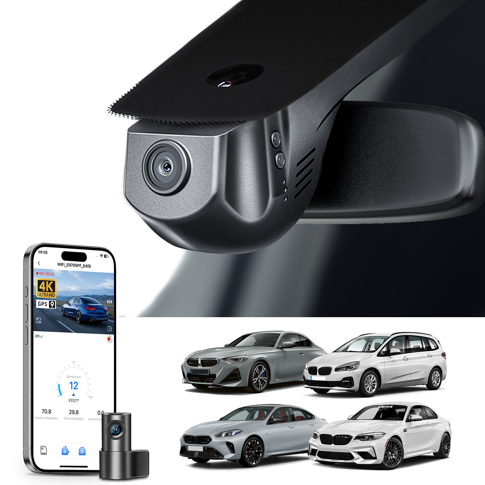 Mangoal 2 channel dash cam with STARVIS sensor, features smartphone app control, front 4K UHD and rear Full HD recording, GPS tracking, and BMW 2 Series M2 models in the background.